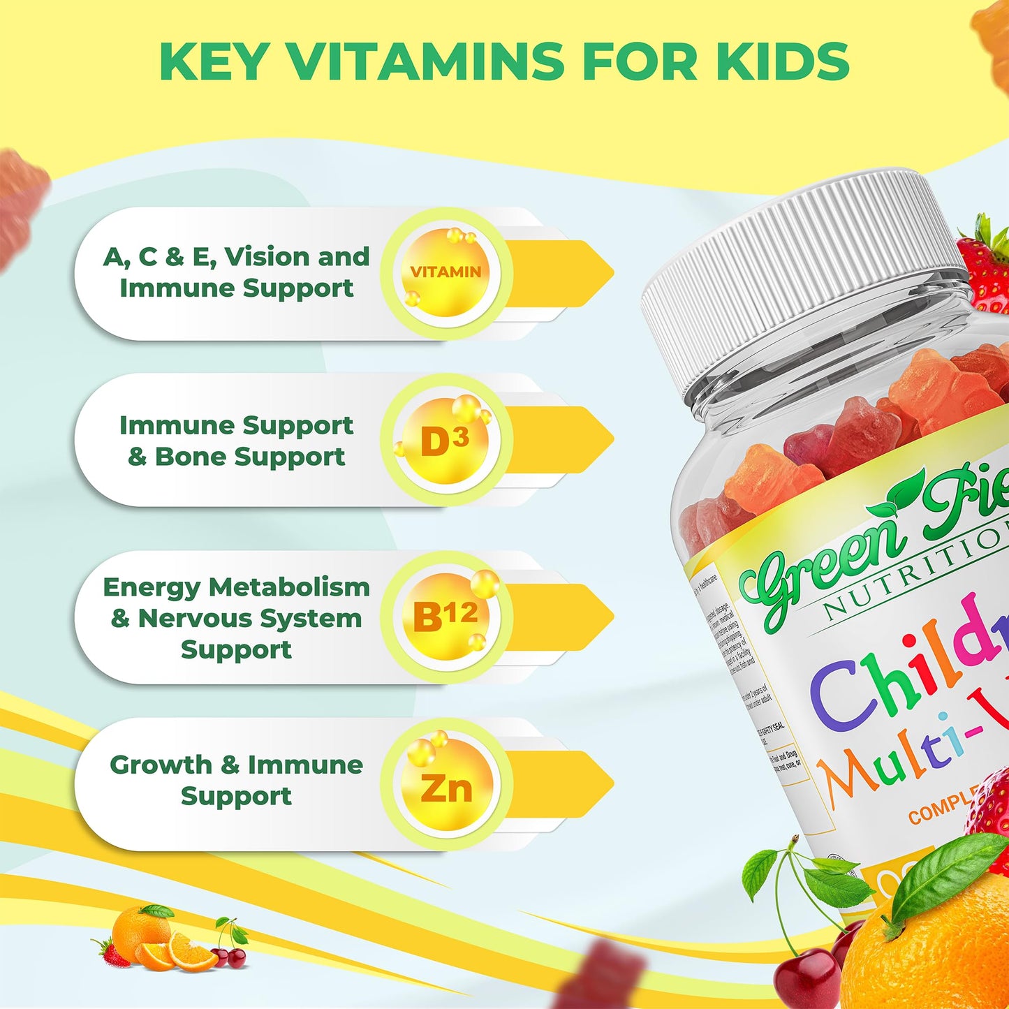 GREEN FIELD NUTRITIONS Halal Gelatin-Free Multivitamin Gummies for Kids with Vitamins A, B, C, D, Iodine & Zinc 90 Count