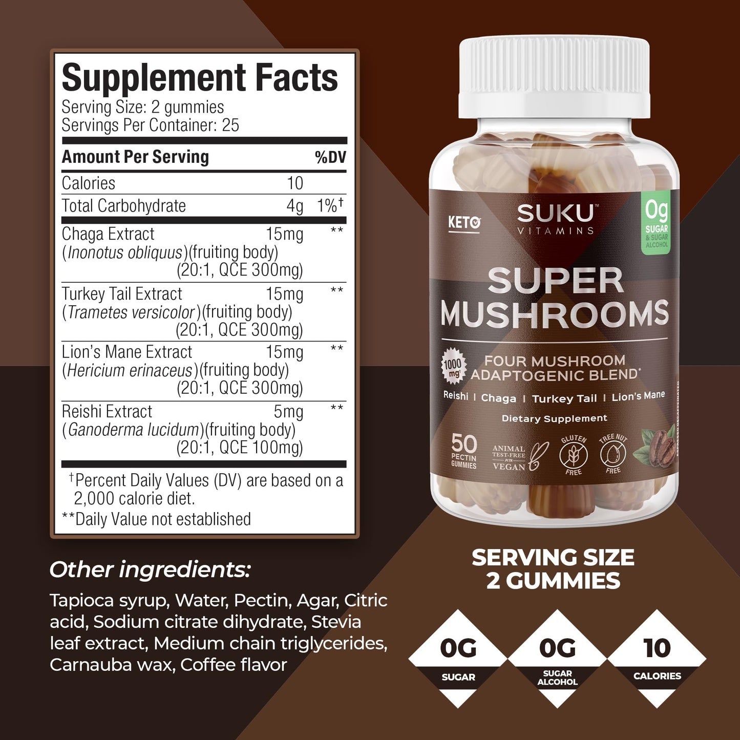 SUKU Super Mushroom - Reishi Chaga, Turkey Tail & Lions Mane Blend Gummies for Immunity Espresso Decaffeinated Flavored 50 Gummies