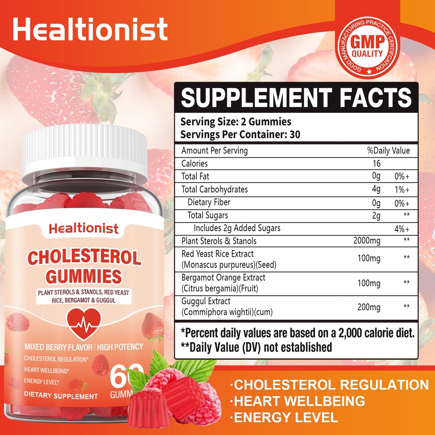 Healtionist Cholesterol Gummies with 2000 mg Plant Sterols & Stanols, Citrus Bergamot, Red Yeast Rice, Mixed Berry Flavor, 120 Gummies