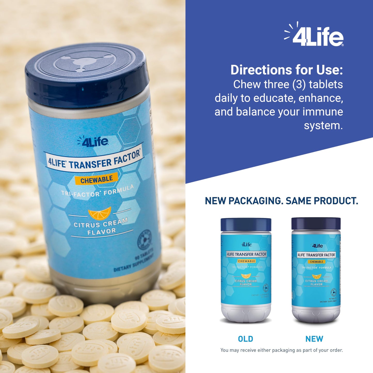 4Life Transfer Factor Chewable Tri-Factor Formula with Cow Colostrum and Chicken Egg Yolk Extracts, 90 Tablets
