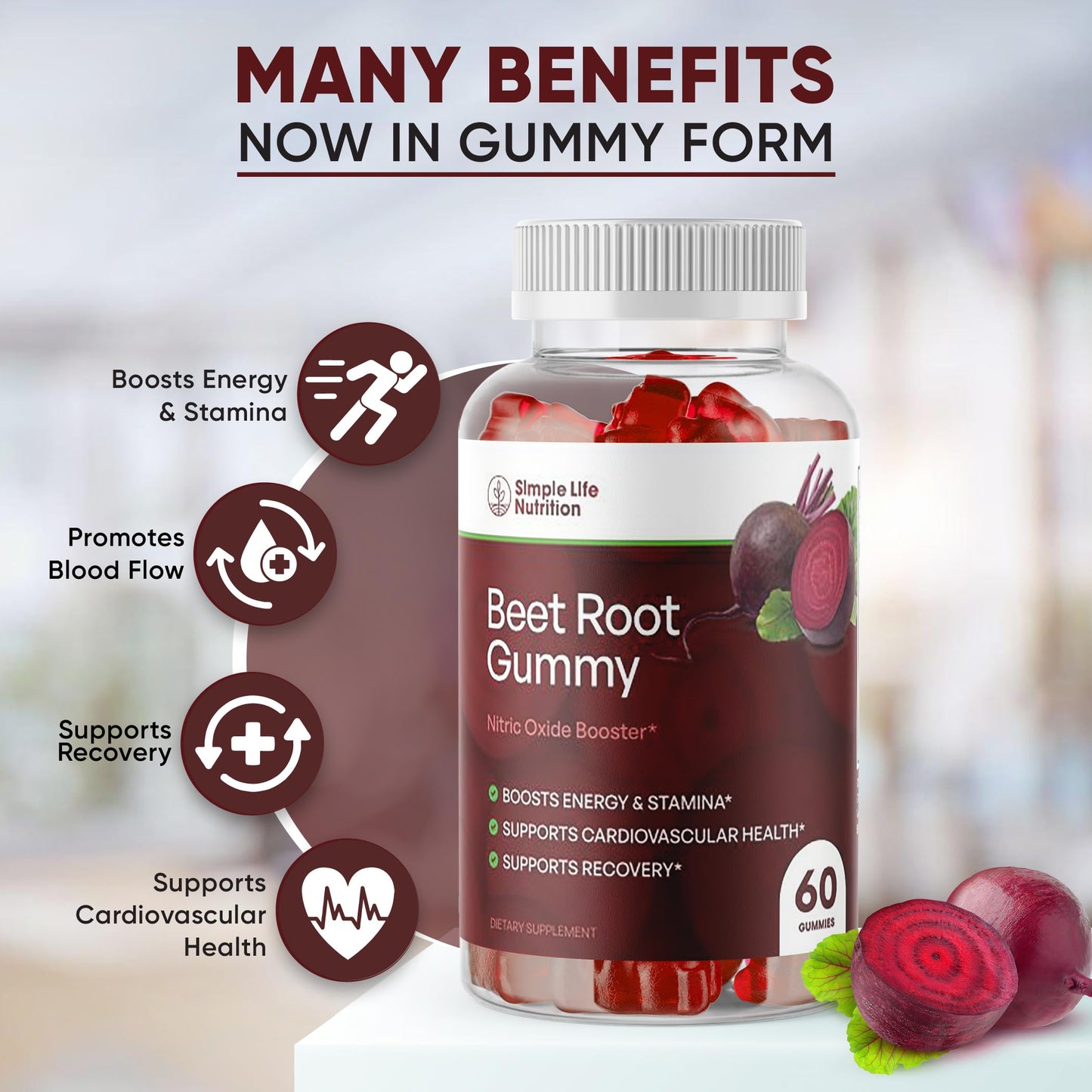 Simple Life Nutrition Organic Beet Root Gummies Nitric Oxide Booster for Men & Women 60 Gummies