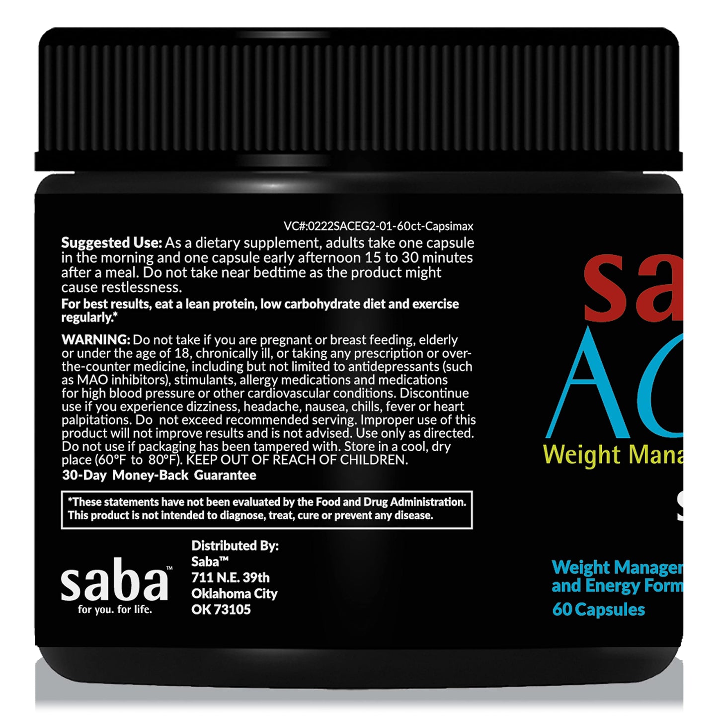 Saba ACE G2 Thermogenic Energy Burn with Capsimax, CarnoSyn, BioPerine, Green Tea Leaf Extract for Men & Women, 60 Capsules