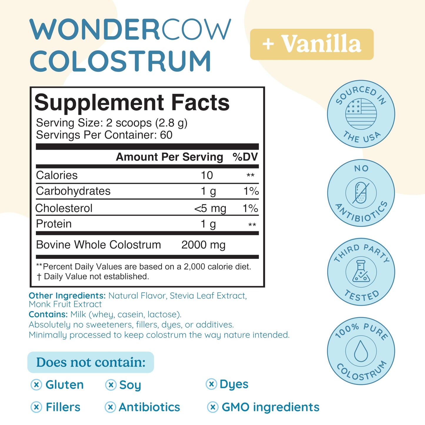 WONDERCOW Colostrum Supplement Powder for Gut Health, Immune Support & Wellness Vanilla, 60 Servings