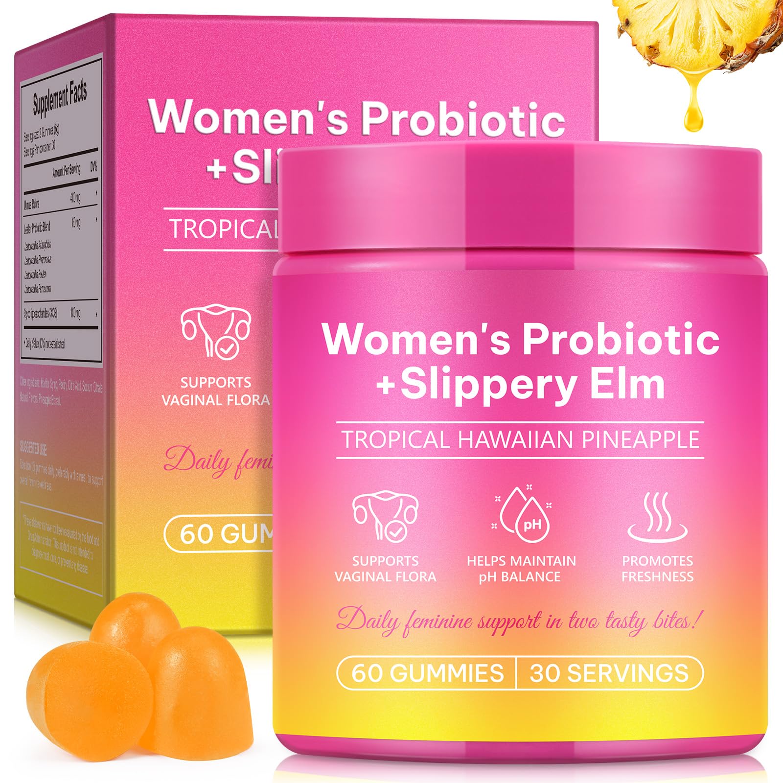 Akareni Feminine Probiotic Gummies with Slippery Elm for Women, Pineapple Probiotics, PH Balance, Gut & Immune Support, Yeast Balance, Prebiotics & Lactobacillus Blend, Vegan & Sugar-Free, 60 Gummies