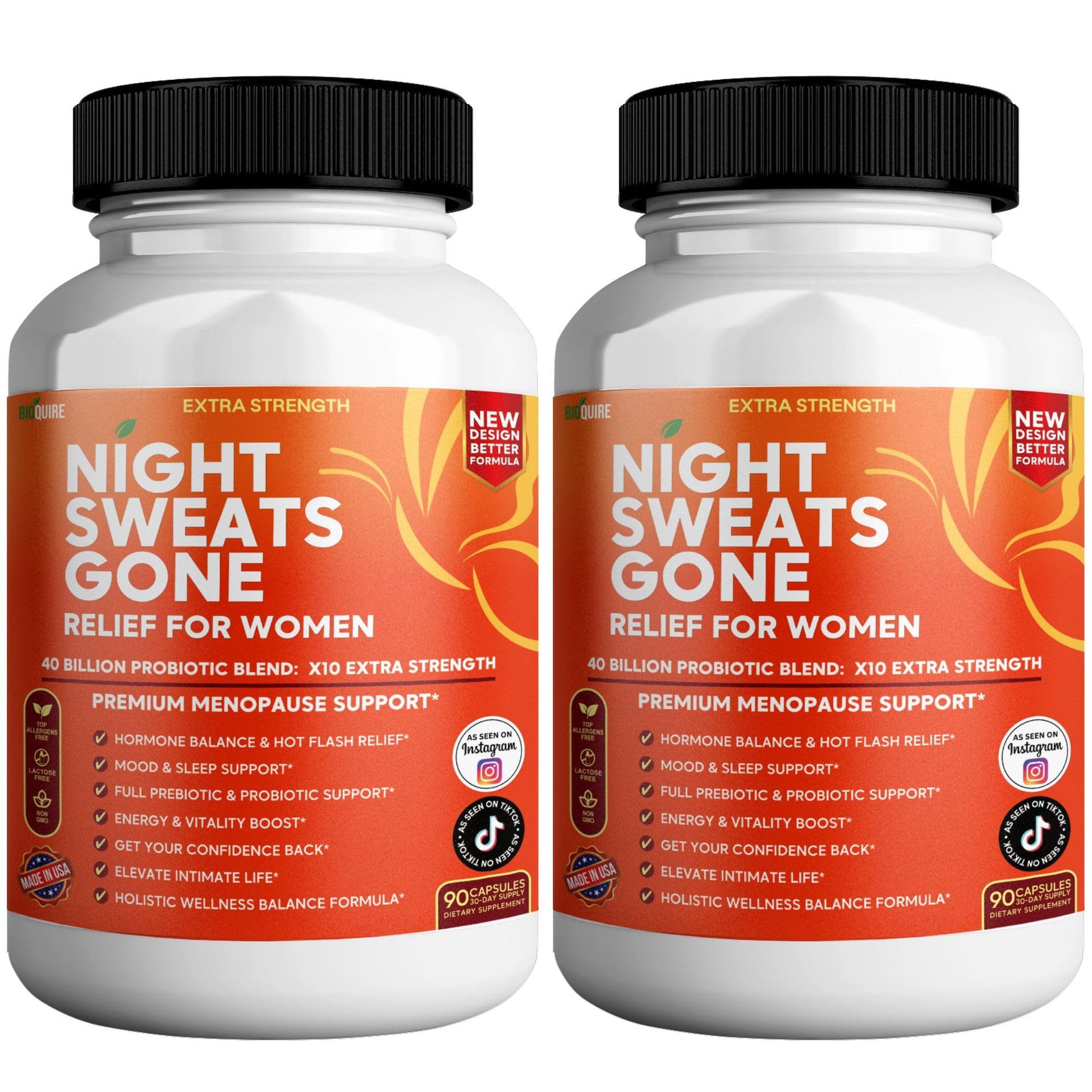 BIOQUIRE Night Sweats Gone - Menopause Relief for Women 40 Billion Probiotic Blend Hot Flash, Mood & Sleep Support Energy & Vitality Boost 90 Capsules