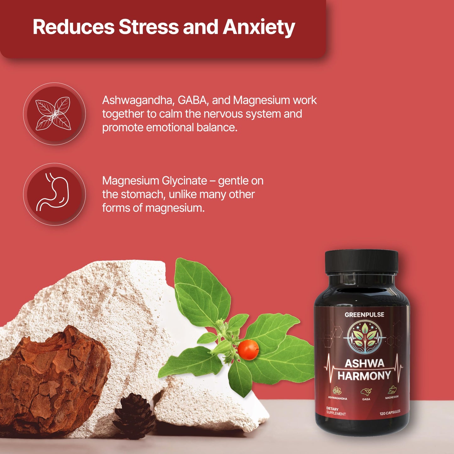GREENPULSE Ashwa Harmony Adaptogenic Blend with Ashwagandha, GABA, Magnesium Glycinate, 120 Capsules