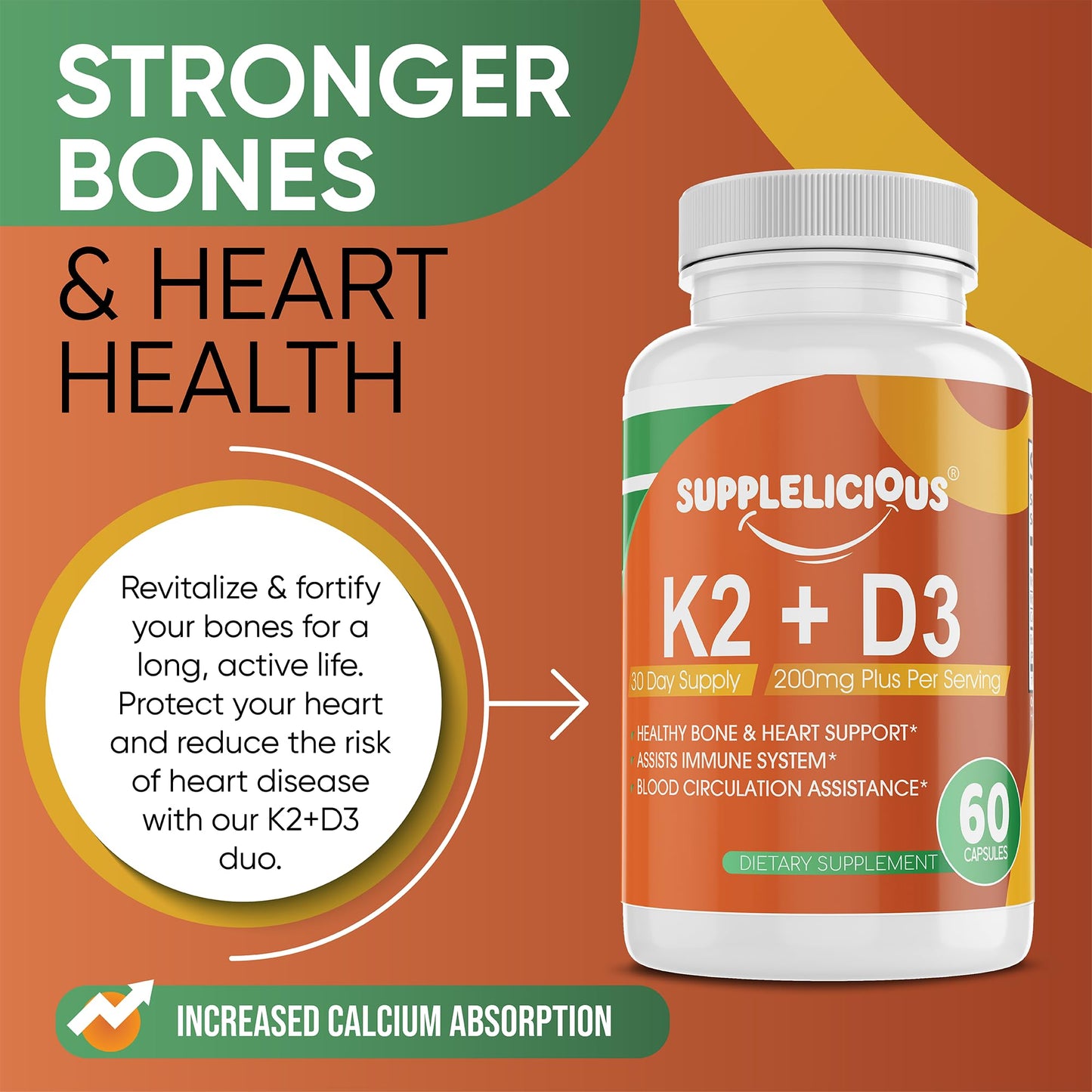 Supplelicious K2 + D3 with Calcium – Bone & Heart Health Supplement – Immune Support Capsule, 60 Count