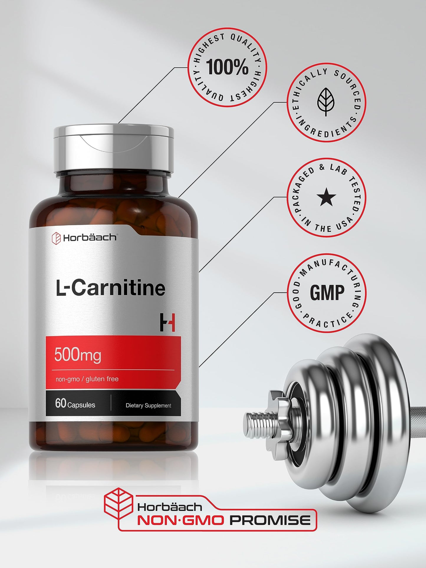 Horbäach L-Carnitine Supplement 500mg Capsules, 60 Count