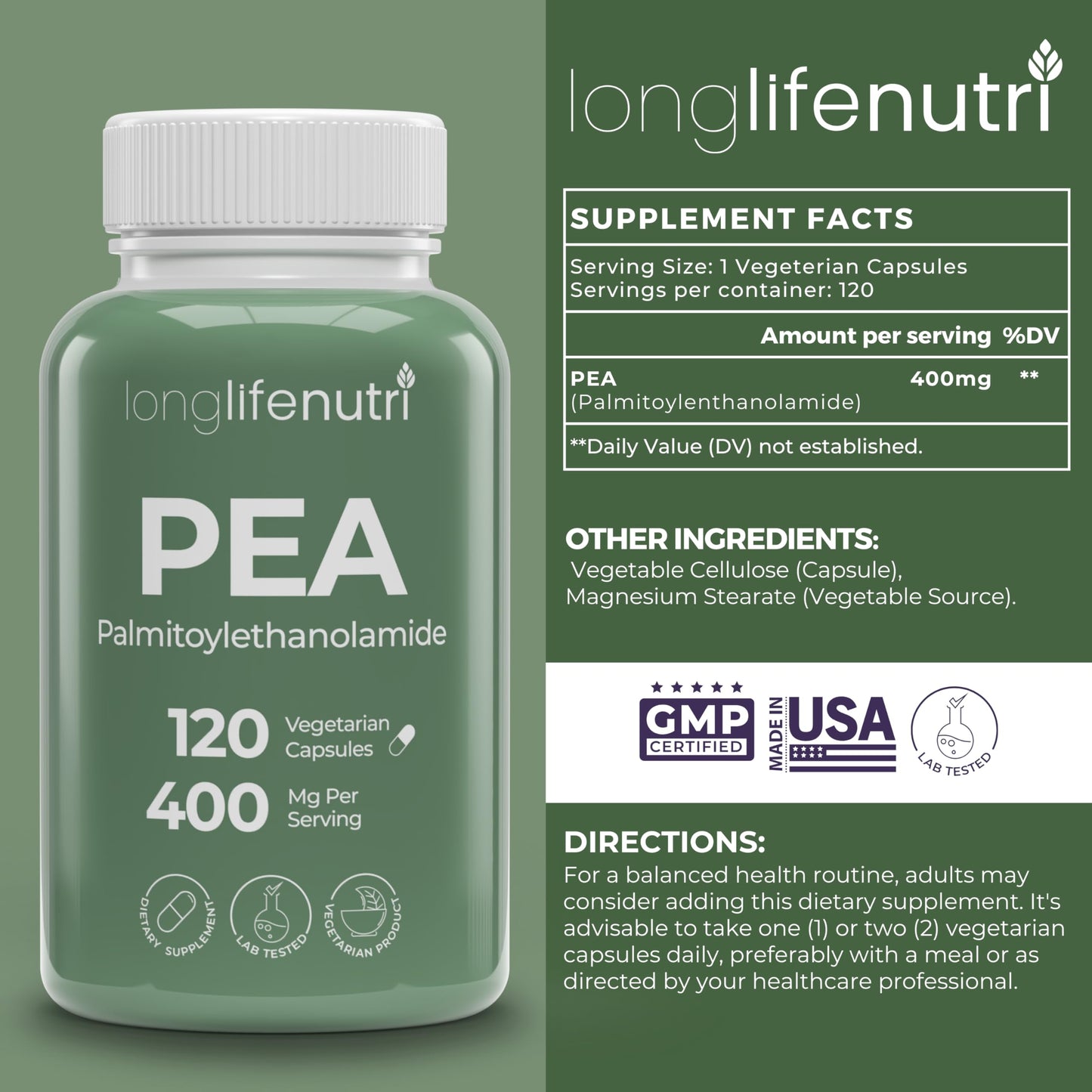 LongLifeNutri Palmitoylethanolamide (Pea) 400mg Capsule, 120 Count