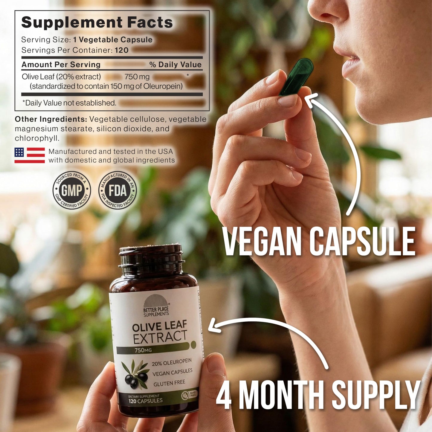Better Place Organics Olive Leaf Extract 750mg Capsules, 120 Count