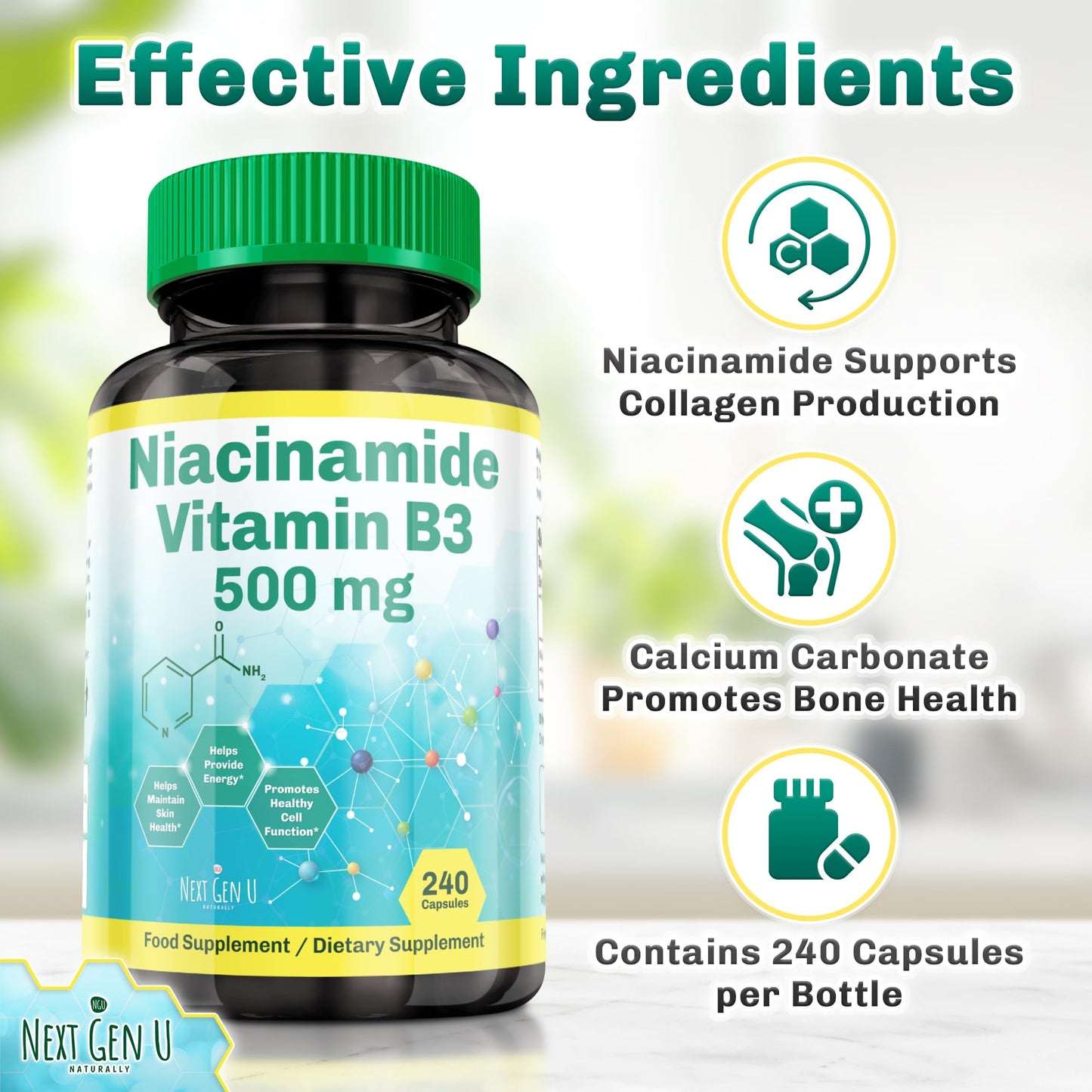 NGU Next Gen U Vitamin B3-500 mg Niacinamide, 240 Capsules