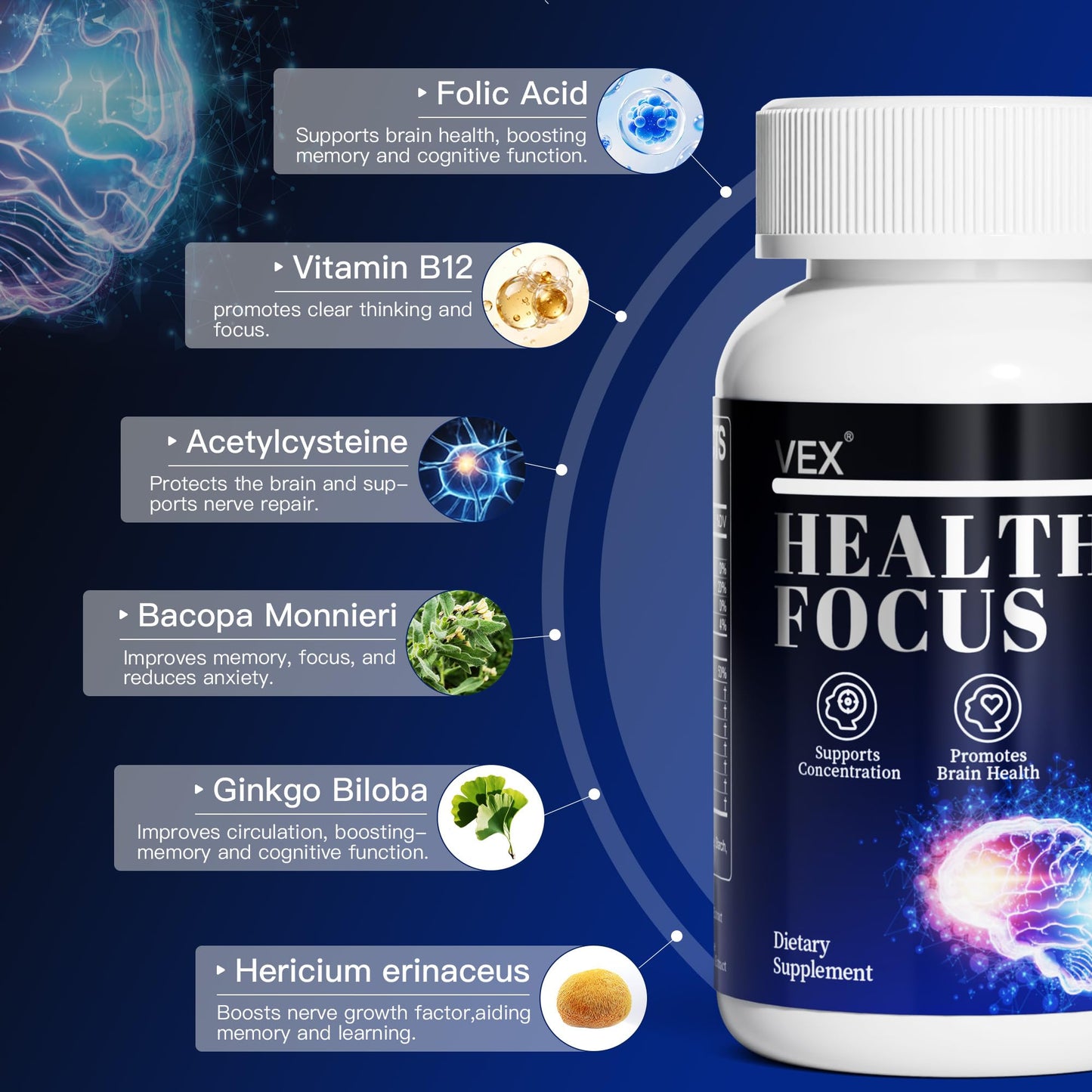 VEX Brain Supplements for Memory and Focus Capsule, 60 Count