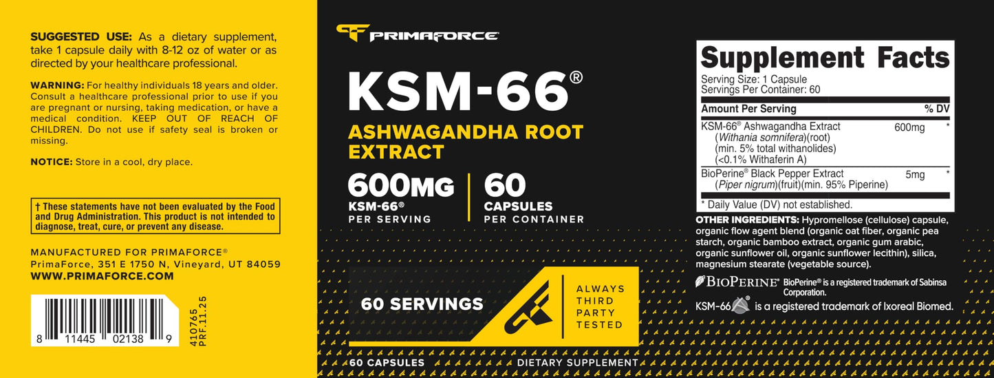 Primaforce KSM-66 Ashwagandha Root Extract 600mg Capsule, 60 Count