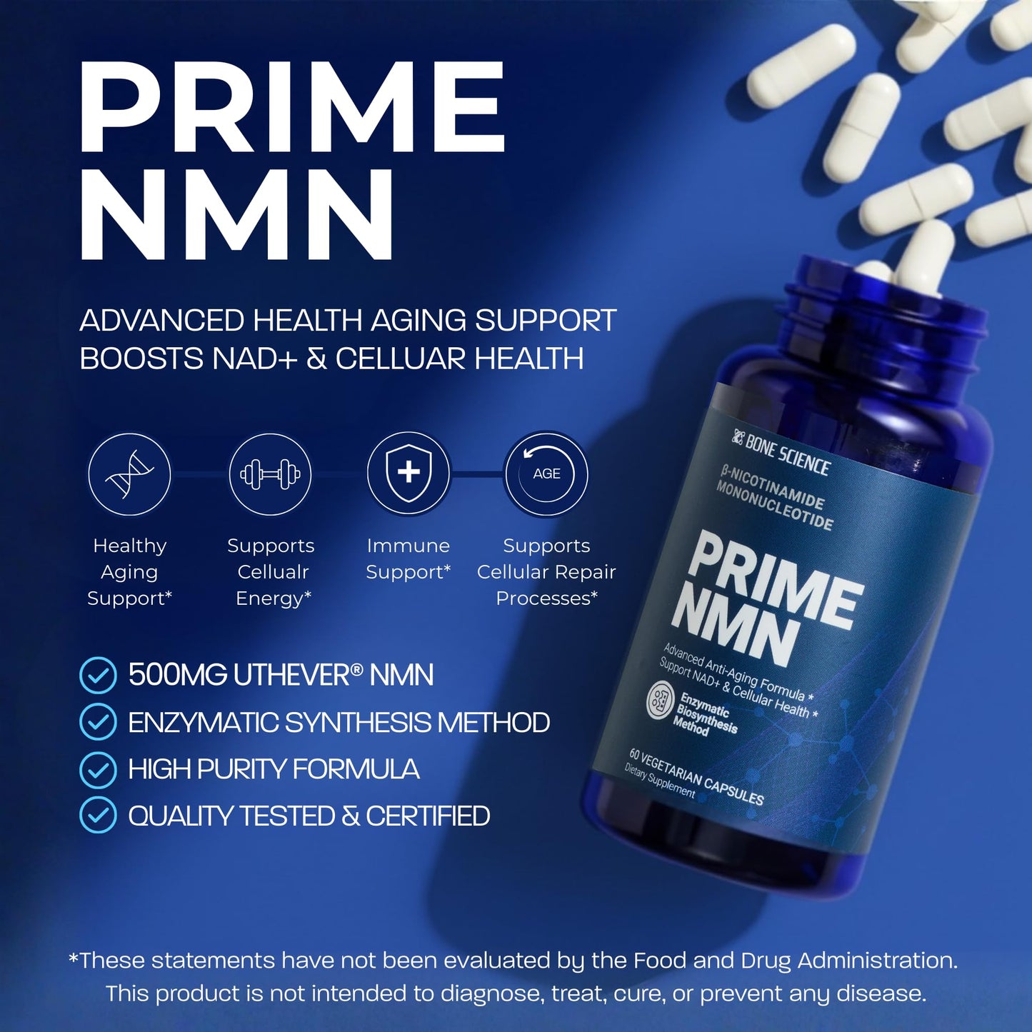BONE SCIENCE Uthever NMN & Pterostilbene 6-in-1 Complex with Resveratrol, Glutathione & BioPerine - NAD+ Precursor for Healthy Aging & Cellular Energy, 72 Capsules