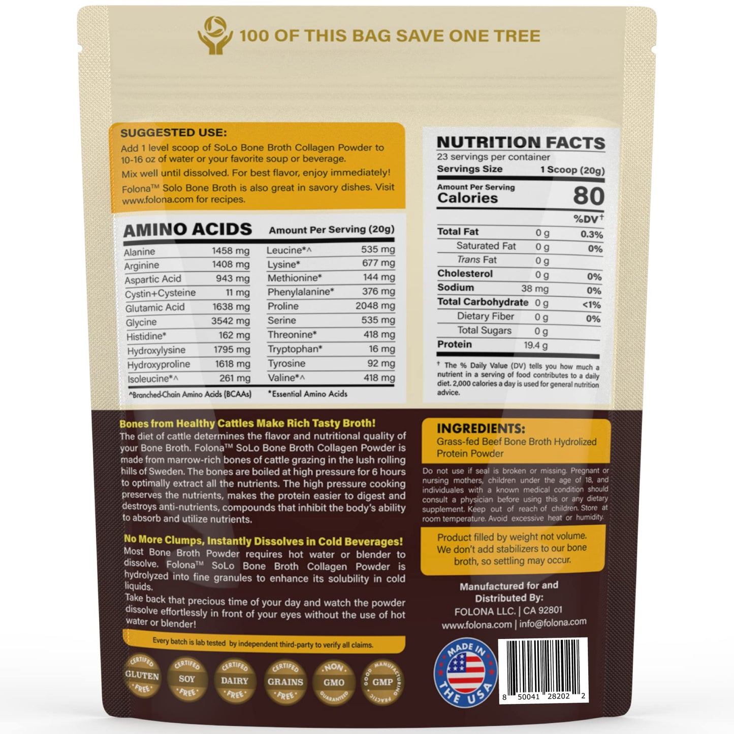 FOLONA Solo Bone Broth Protein Collagen Powder Low Sodium 16 g Hydrolyzed Collagen Type I & III
