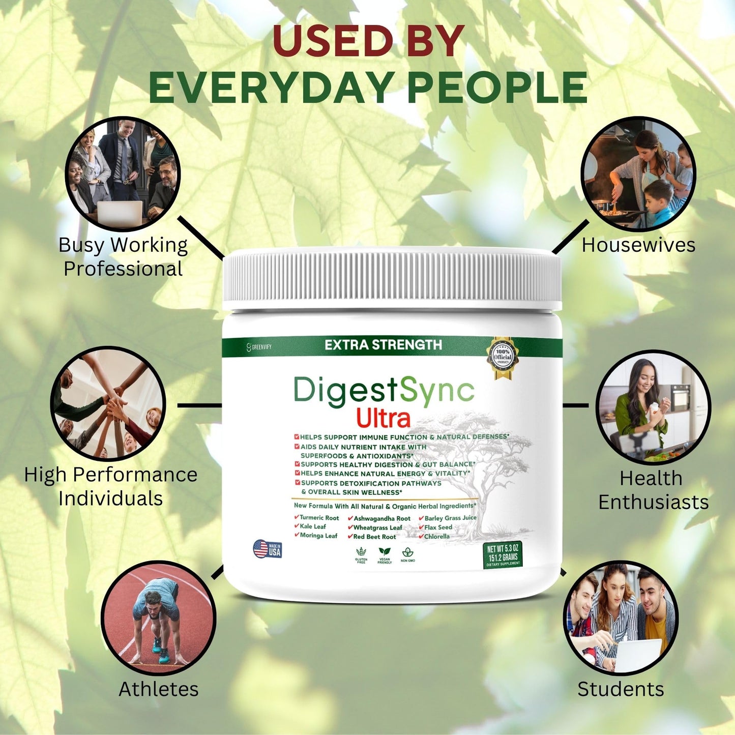 GREENVIFY DigestSync Ultra Extra Strength Digestive Support Supplement with Organic Superfoods Capsules, 300 Capsules