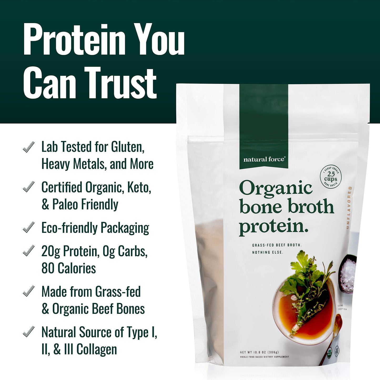 Natural Force Pure Organic Bone Broth Protein Powder 10.8 oz