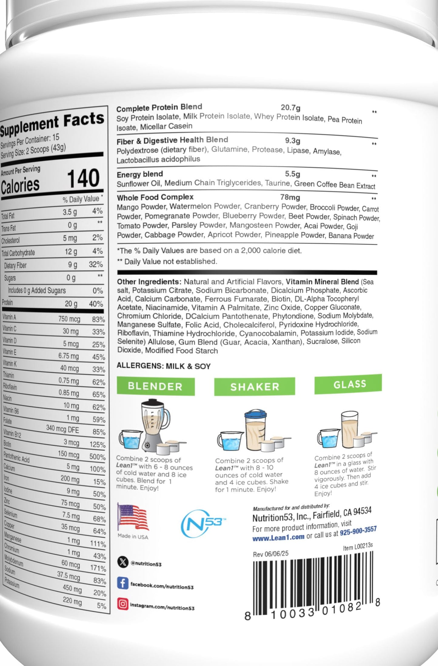 N53 Lean1 Meal Replacement Protein Powder Vanilla Flavor 15 Servings