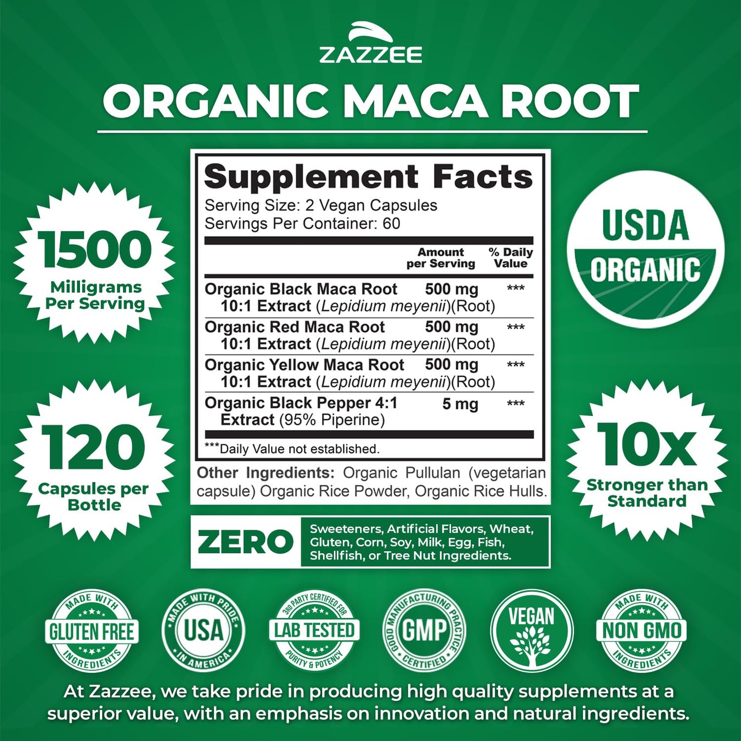 Zazzee USDA Organic Maca Root 10:1 Extract Capsule 120 Count