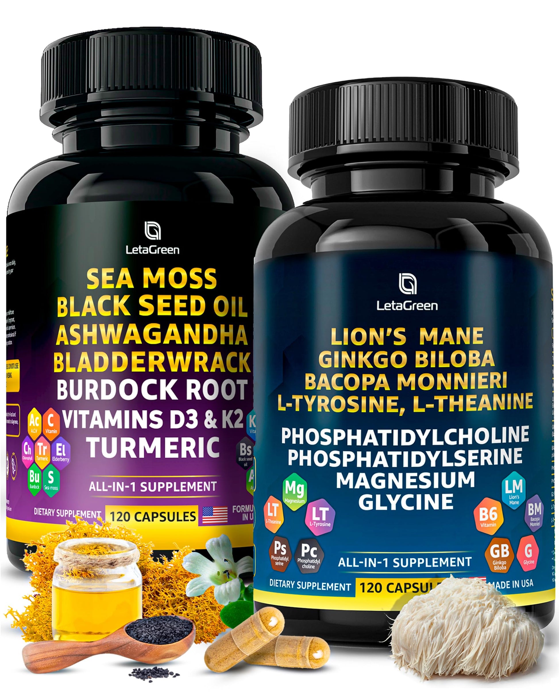 LetaGreen Sea Moss & Lion's Mane Capsule Bundle, 240 Capsules