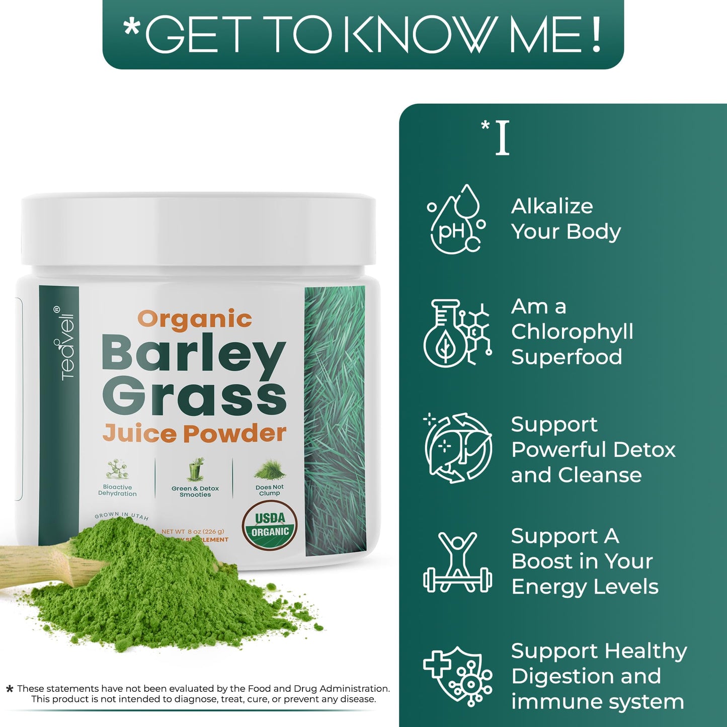 Teaveli Organic Barley Grass Juice Powder, Raw Utah Grown, 8 oz