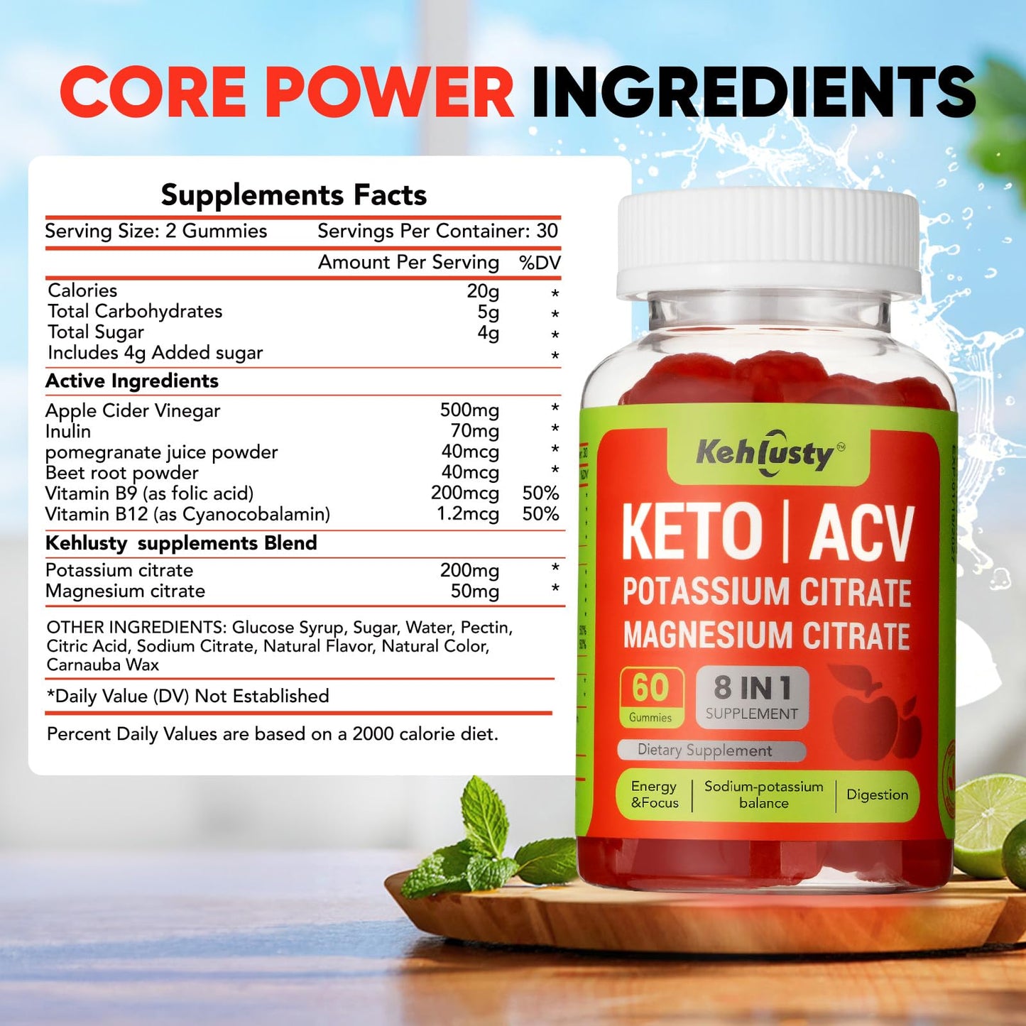 KEHLUSTY Keto ACV Gummies Advanced for Weight Loss Support, 60 Count