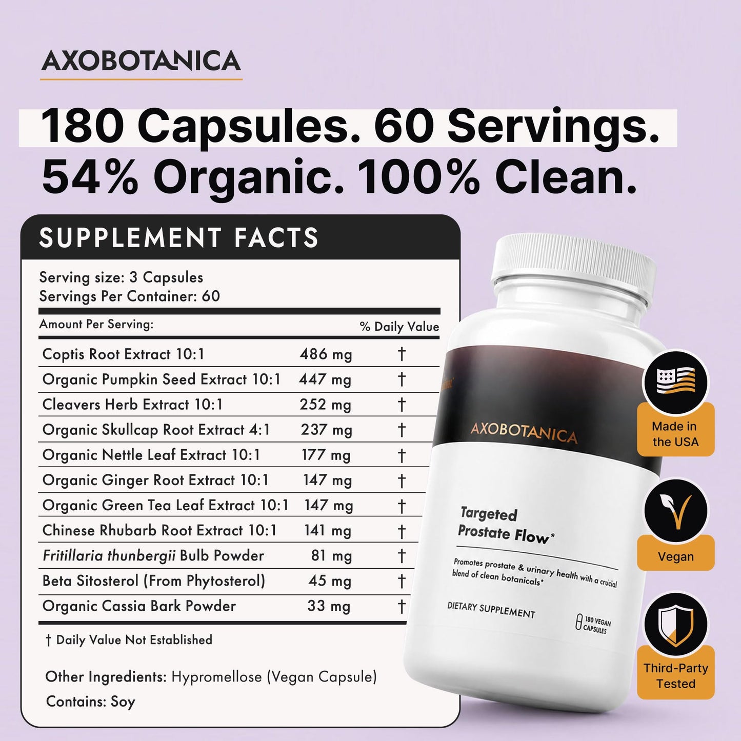 Axobotanica Targeted Botanical Flow for Men – Organic Nettle Leaf, Beta-Sitosterol & Plant Sterol Blend – Daily Urinary and Bladder Support Capsules 180