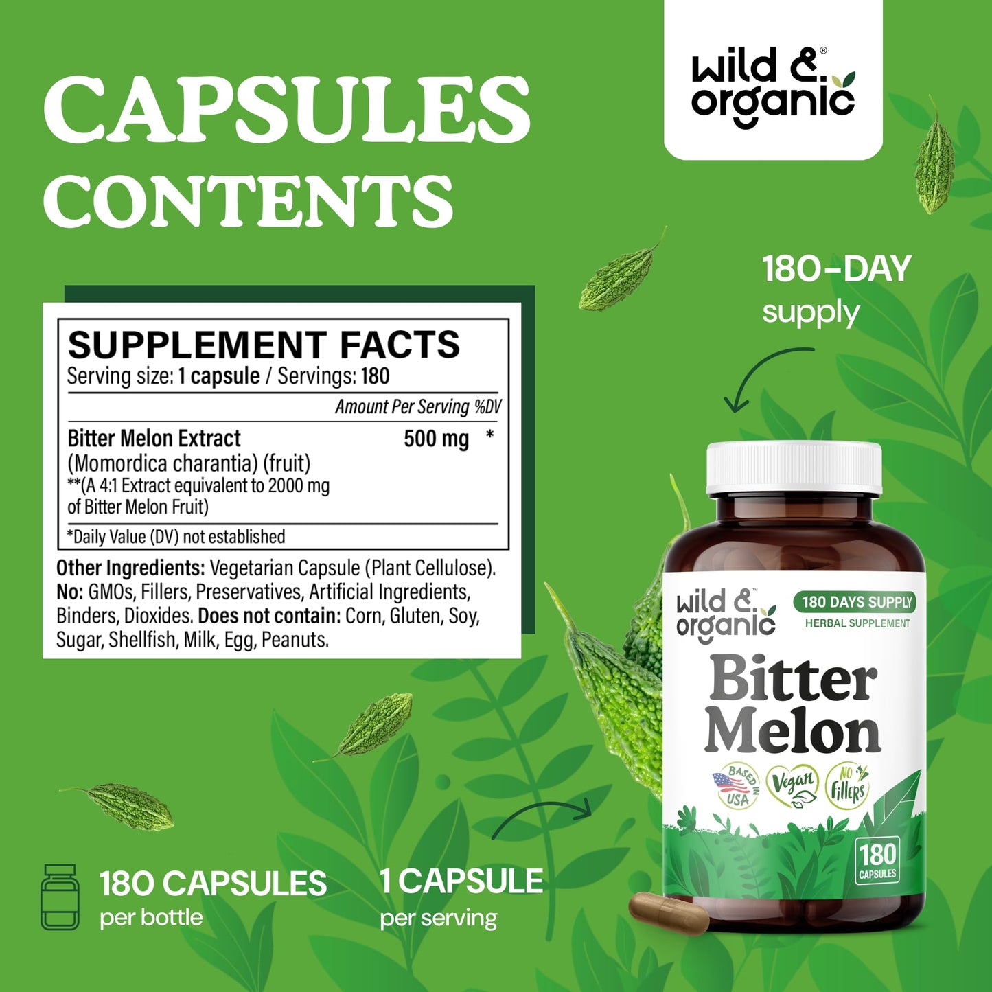 Wild & Organic Bitter Melon Capsules 500 mg, 180 Count