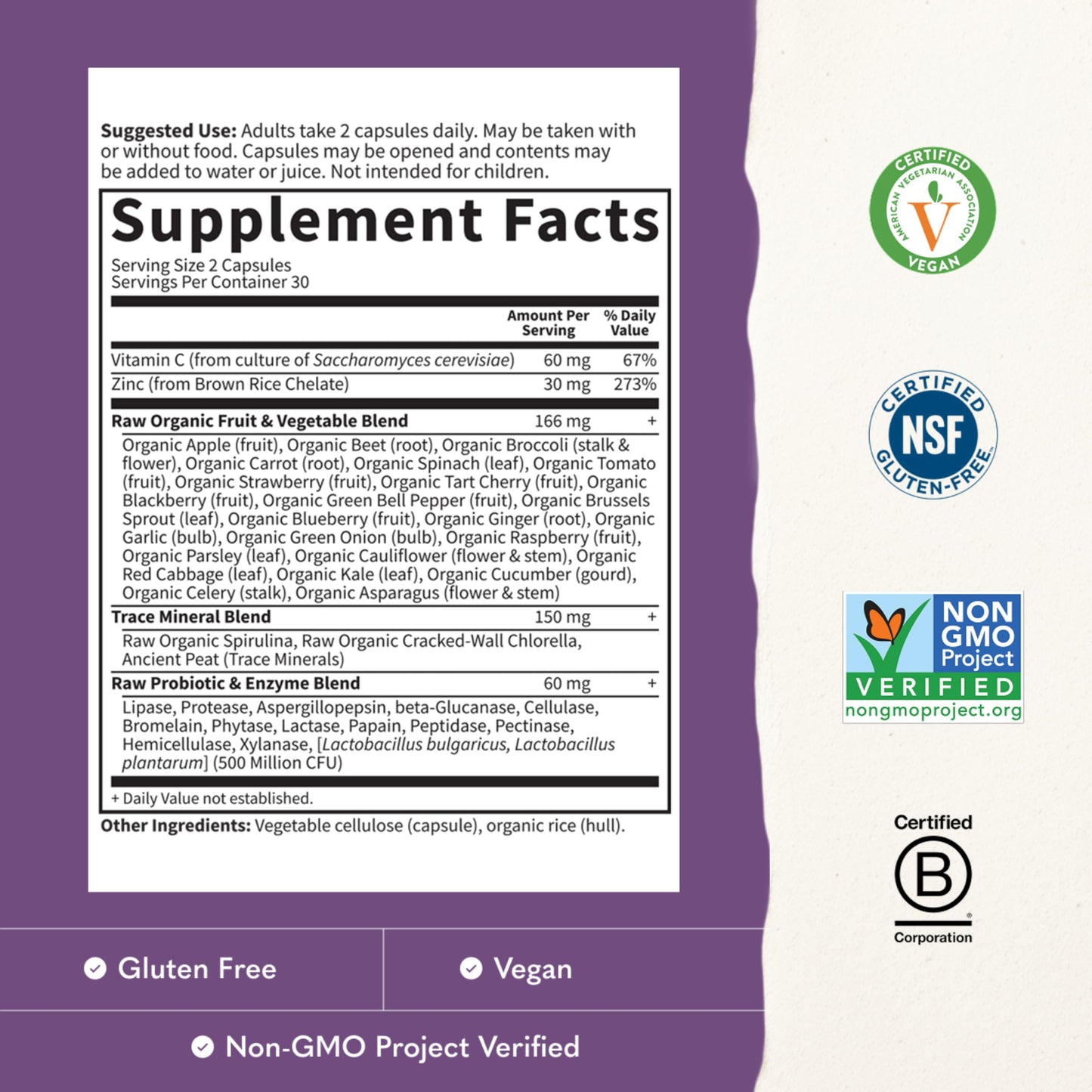 Garden of Life Zinc 30mg High Potency Raw Zinc and Vitamin C Multimineral Supplement Capsules, 60 Count