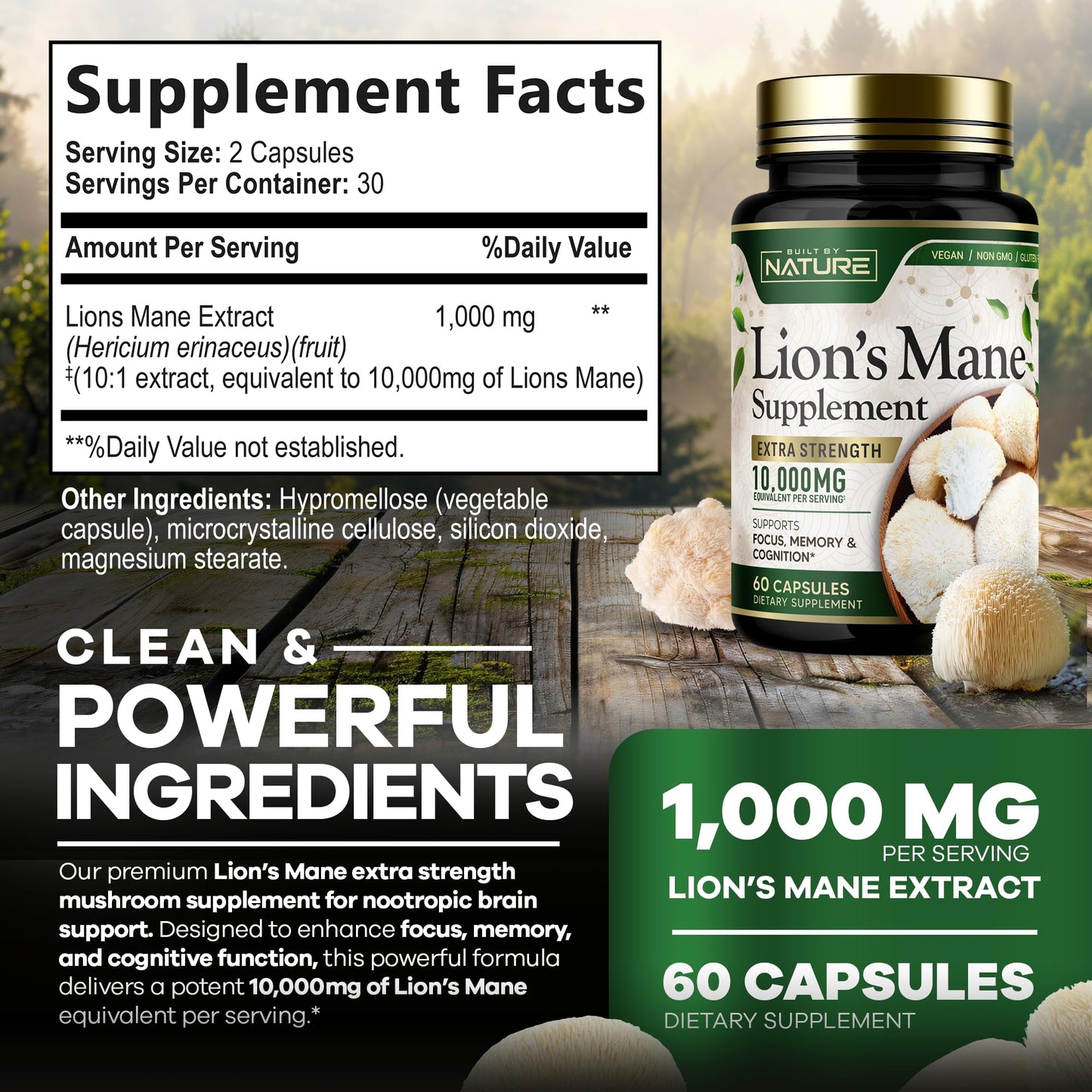 Built by Nature Lion’s Mane Extra Strength Mushroom Supplement for Nootropic Brain Support – Focus, Memory and Cognitive Function – Non-GMO, Gluten-Free, Vegan, 60 Capsules