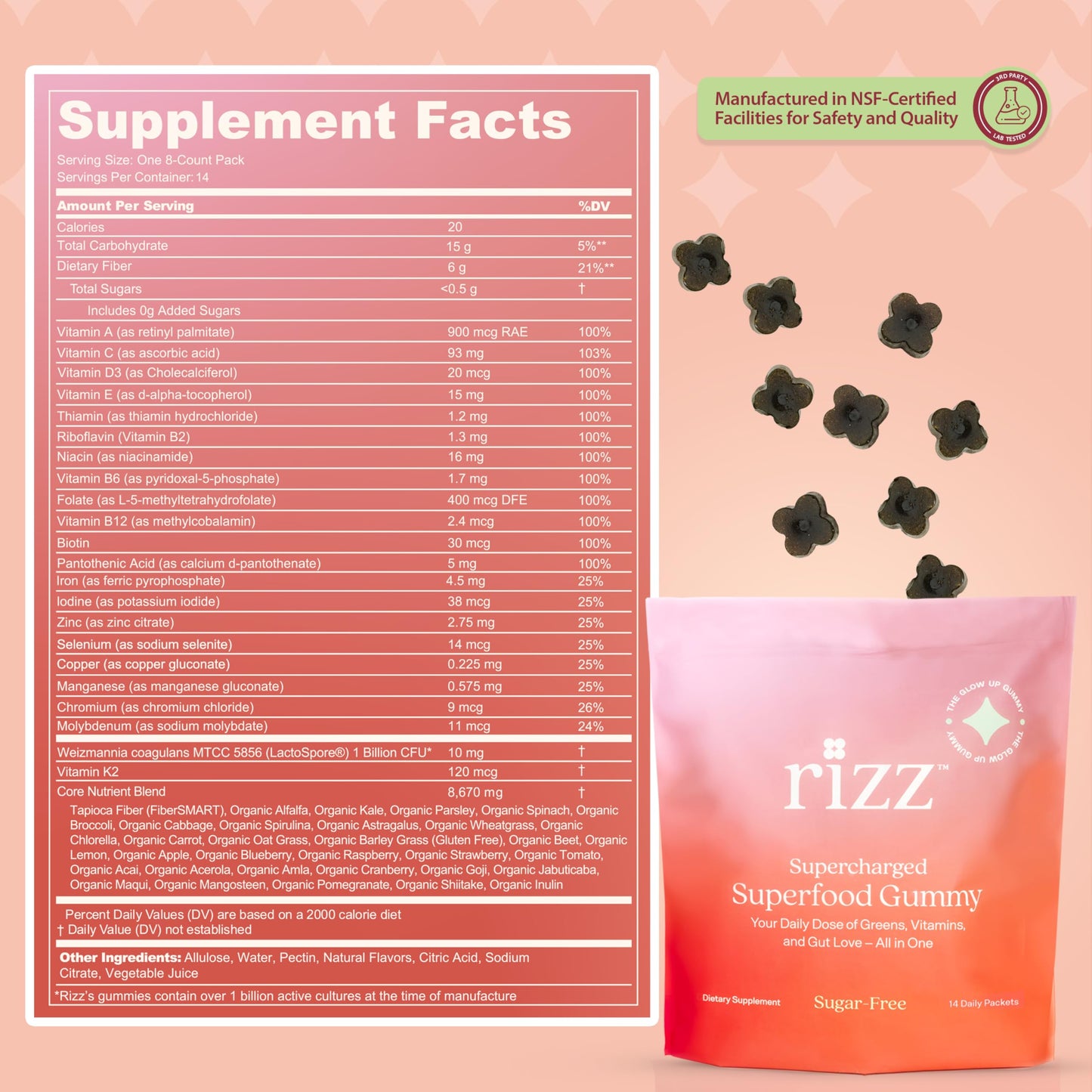 RIZZ Sugar-Free Green Gummies - 60+ Superfoods 6g Fiber - 14 Day Supply Prebiotic and Probiotic Gummies - Vegan Multivitamins for Women & Men - Gluten Free - Mushroom, Fruit and Vegetable Supplements, 112 Gummies