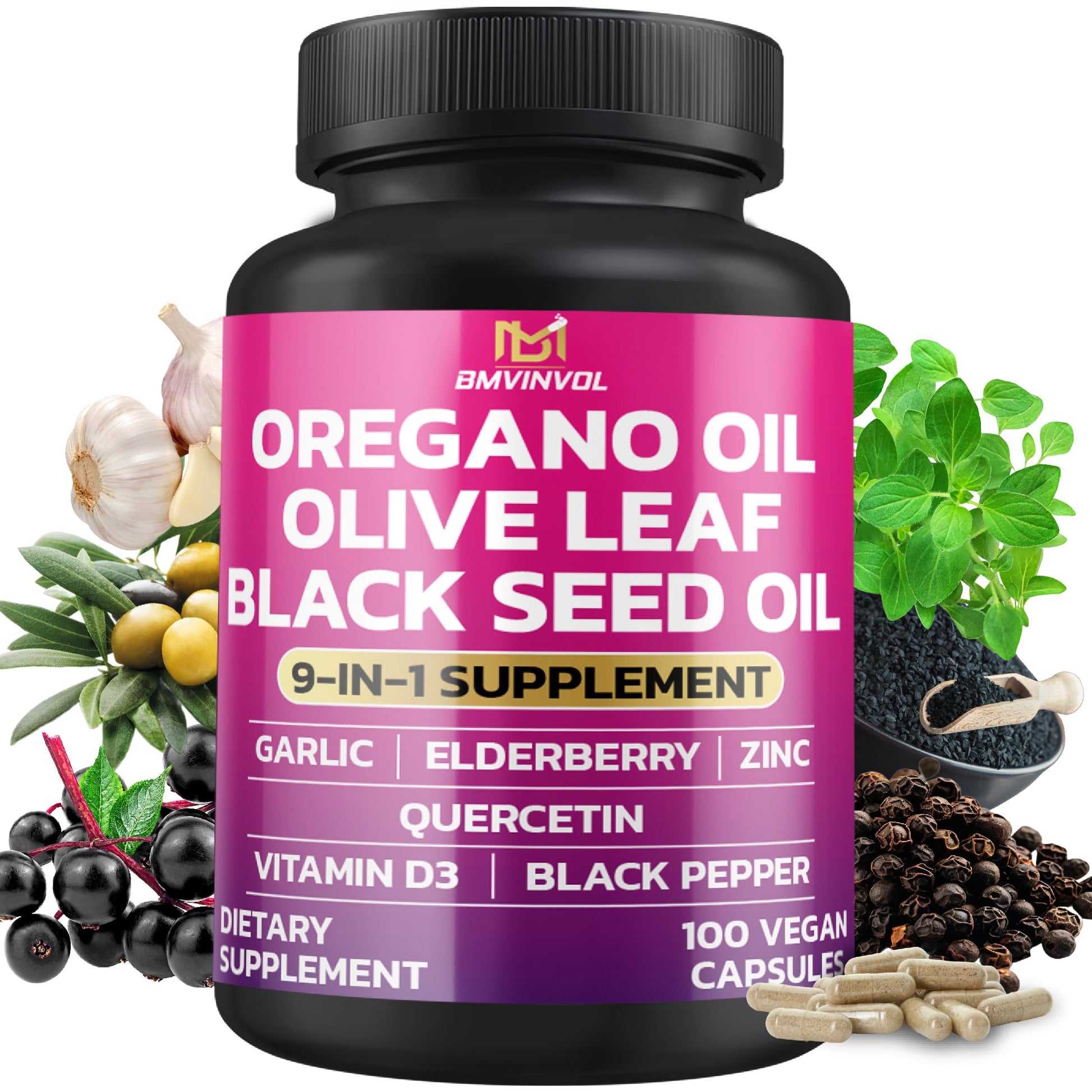 BMVINVOL Oregano, Black Seed, Garlic Bulb, Quercetin, Olive Leaf, Elderberry, Black Pepper Capsules, 100 Count