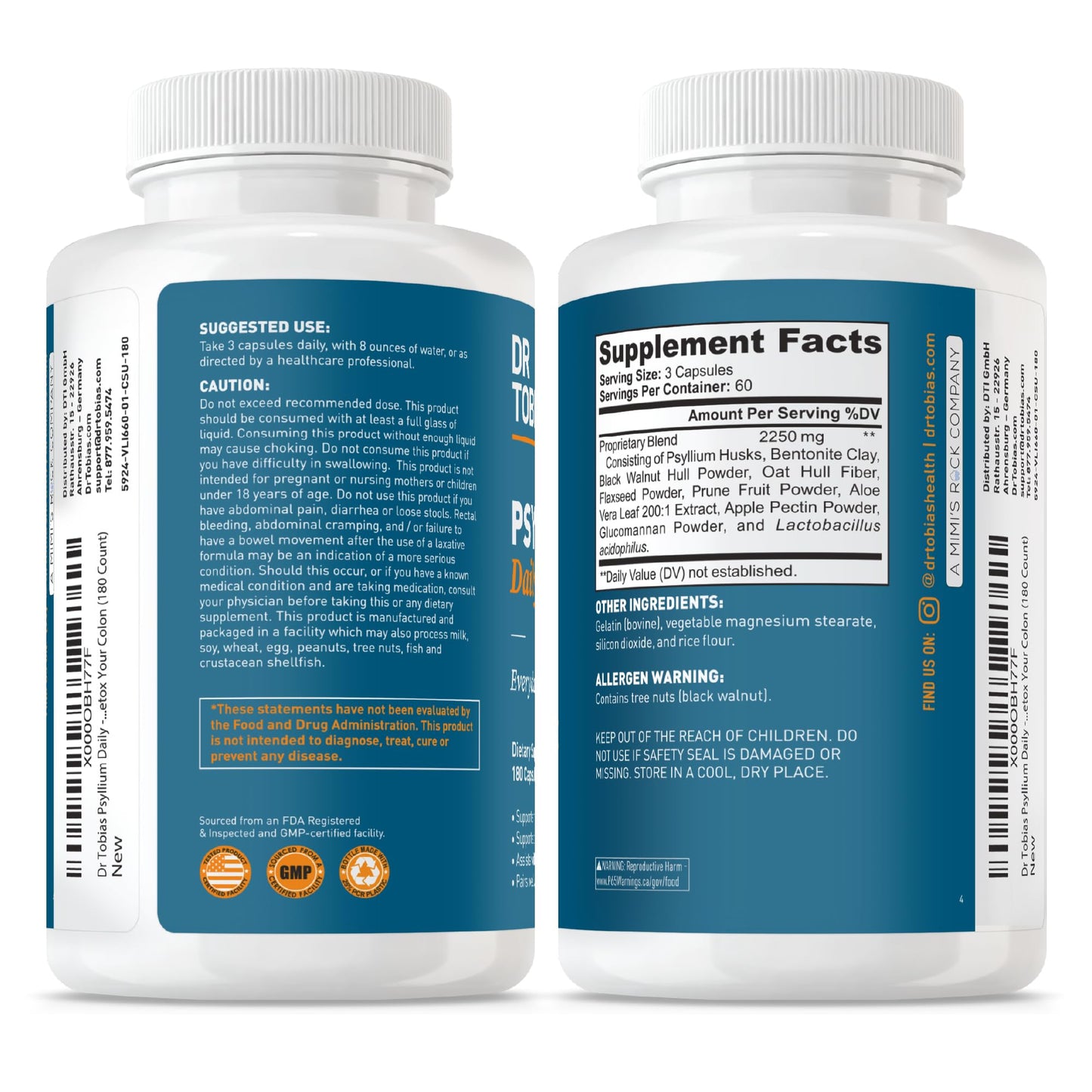 Dr. Tobias Psyllium Daily Fiber Supplement Capsules 180 Count