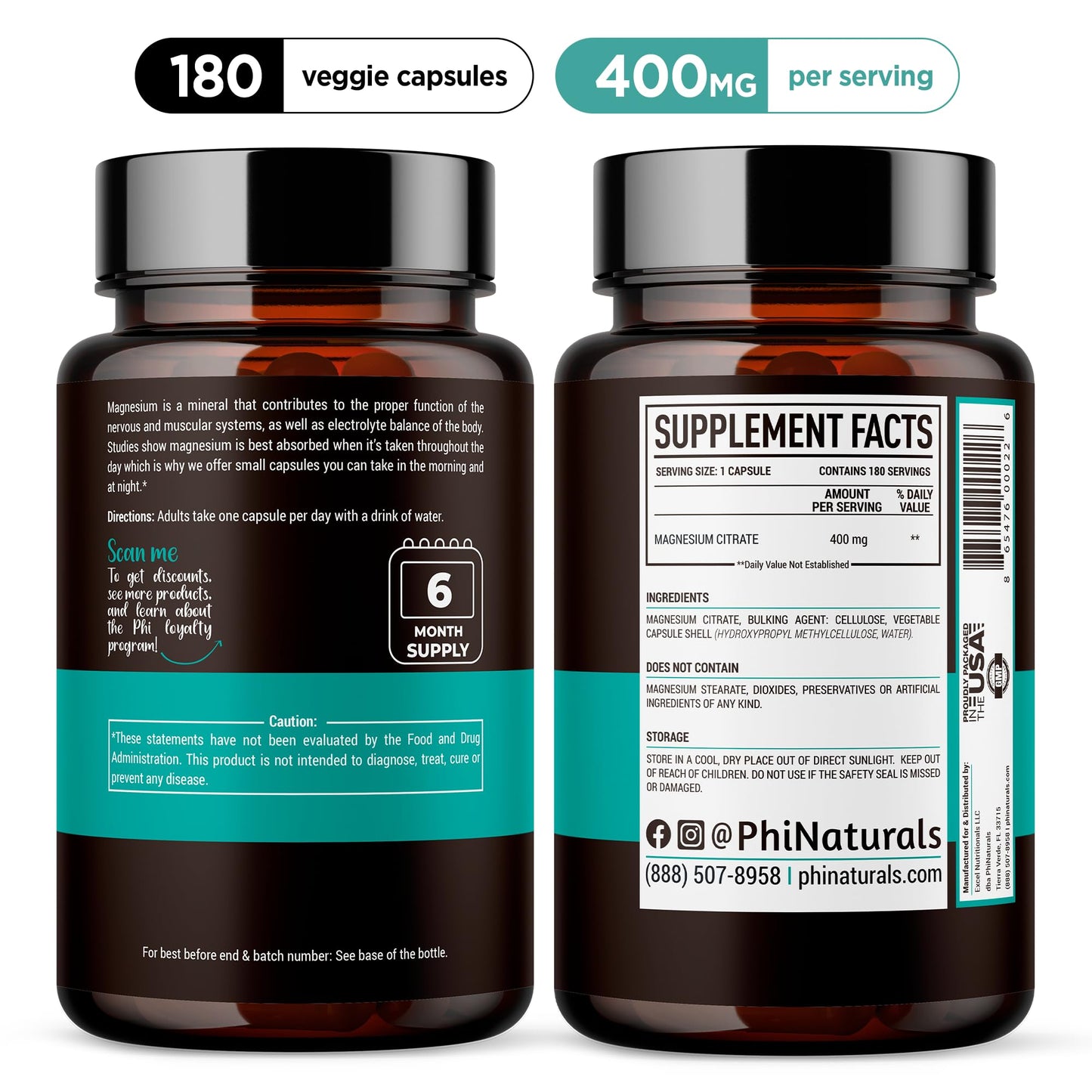 PhiNaturals Magnesium Citrate Powder 400mg Capsules 180 Count