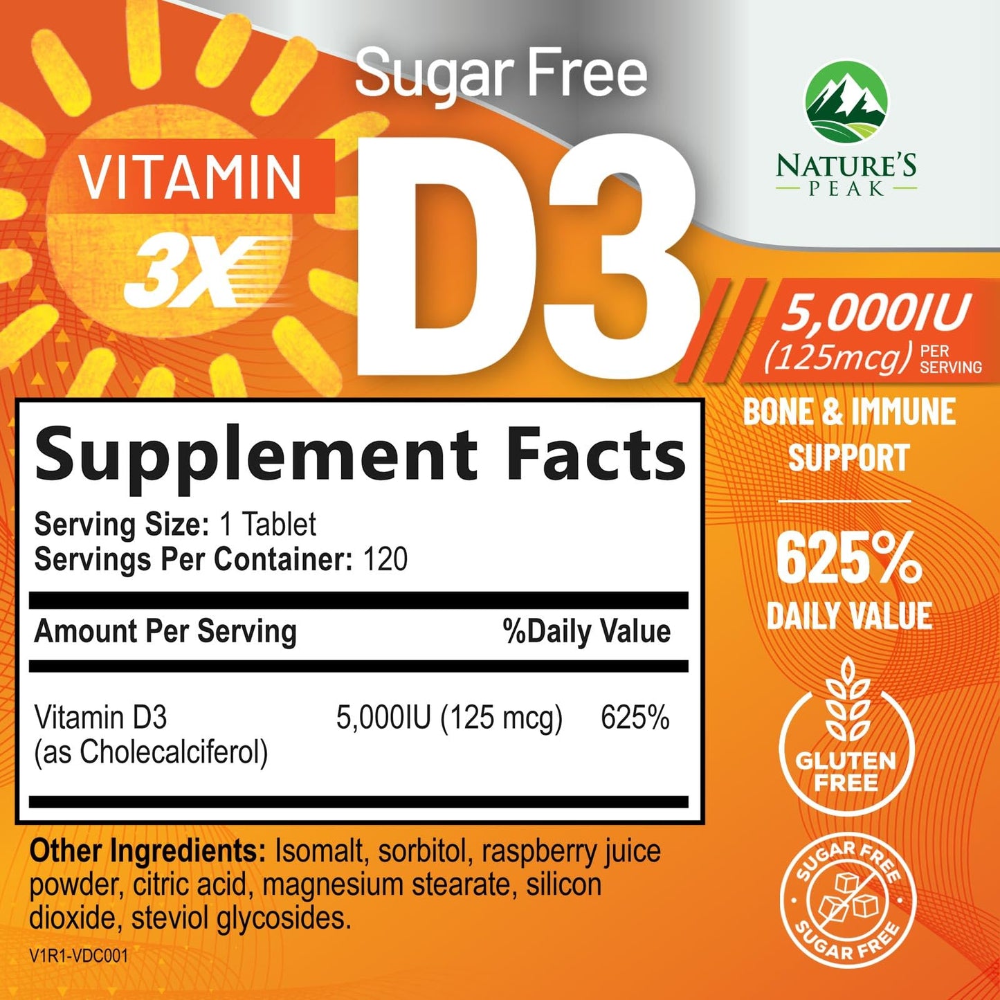 Nature's Peak Vitamin D3 5000iu (125 mcg) Per Serving - 3X Strength Immune Health Support Vitamin D Dietary Supplement for Bone, Teeth, Muscle - Vit D, Vegan, Gluten Free, Raspberry Flavor - 120 Chewable Tablets