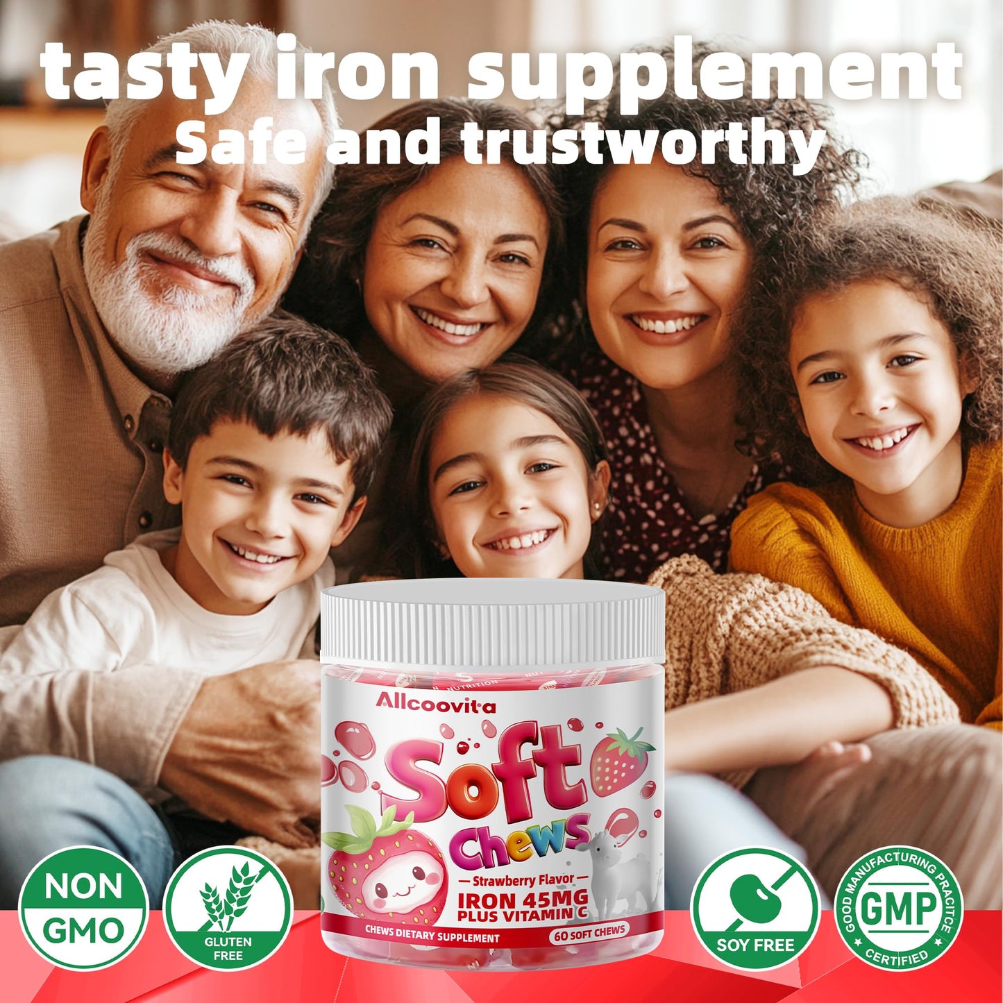 Allcoovita Iron Soft Chews with Vitamin C 60 Count