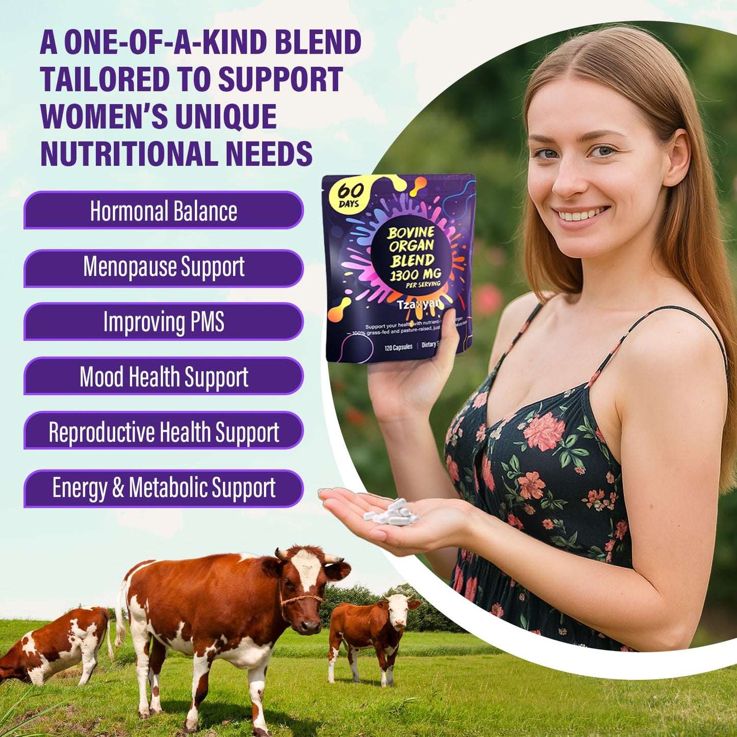 tzaxyan 1300MG Beef Organ Supplement for Women, 100% Grass Fed Beef Liver, Uterus, Ovary & 3 More, Bovine Organ Capsules, 120 Capsules