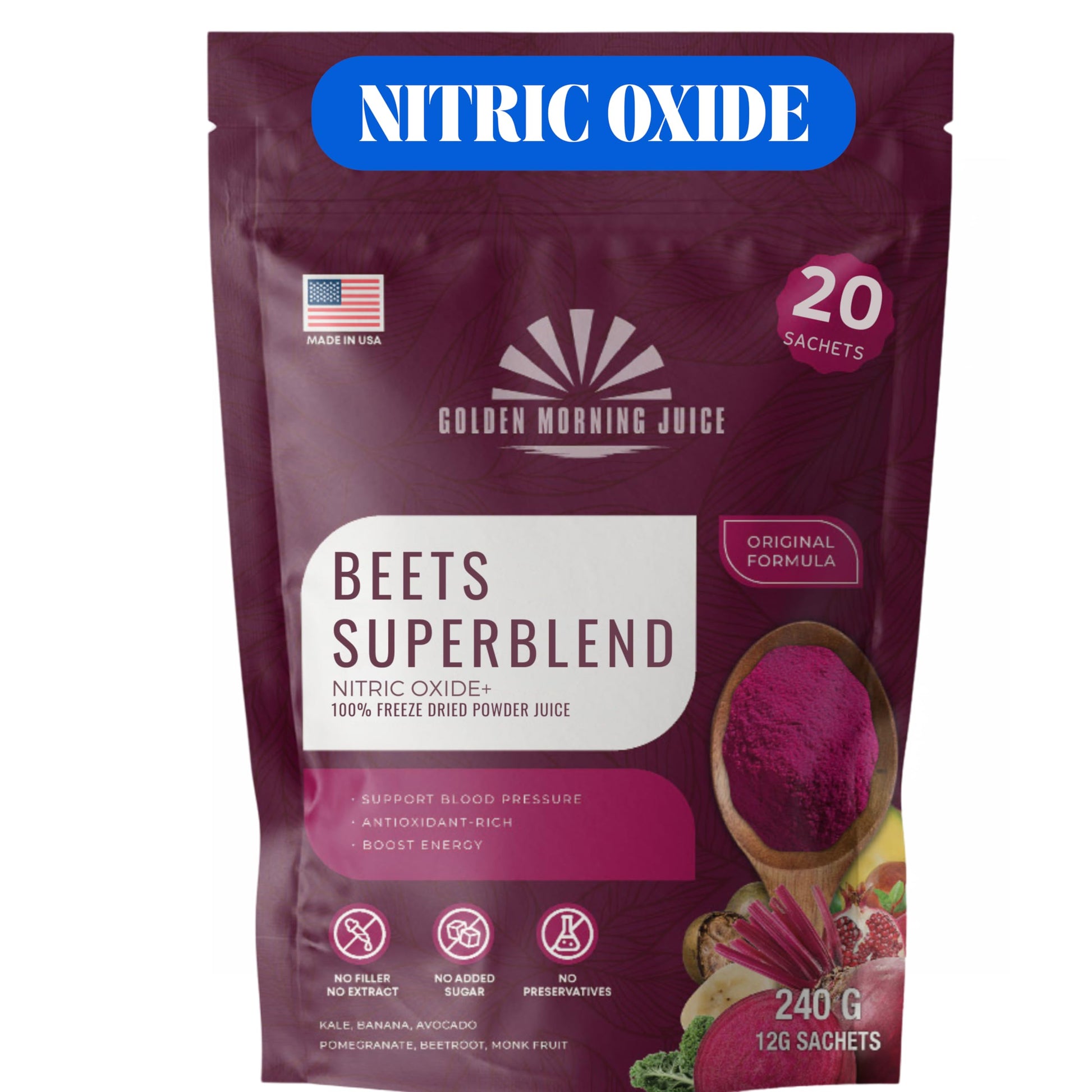 Golden Morning Juice Beets Superfoods Blended Powder Juice: Nitric Oxide Booster & Energy Blend | Beetroot Pomegranate Powder to Extend NO & Blood Flow | No Added Sugar, Freeze-Dried 8.5 Ounce