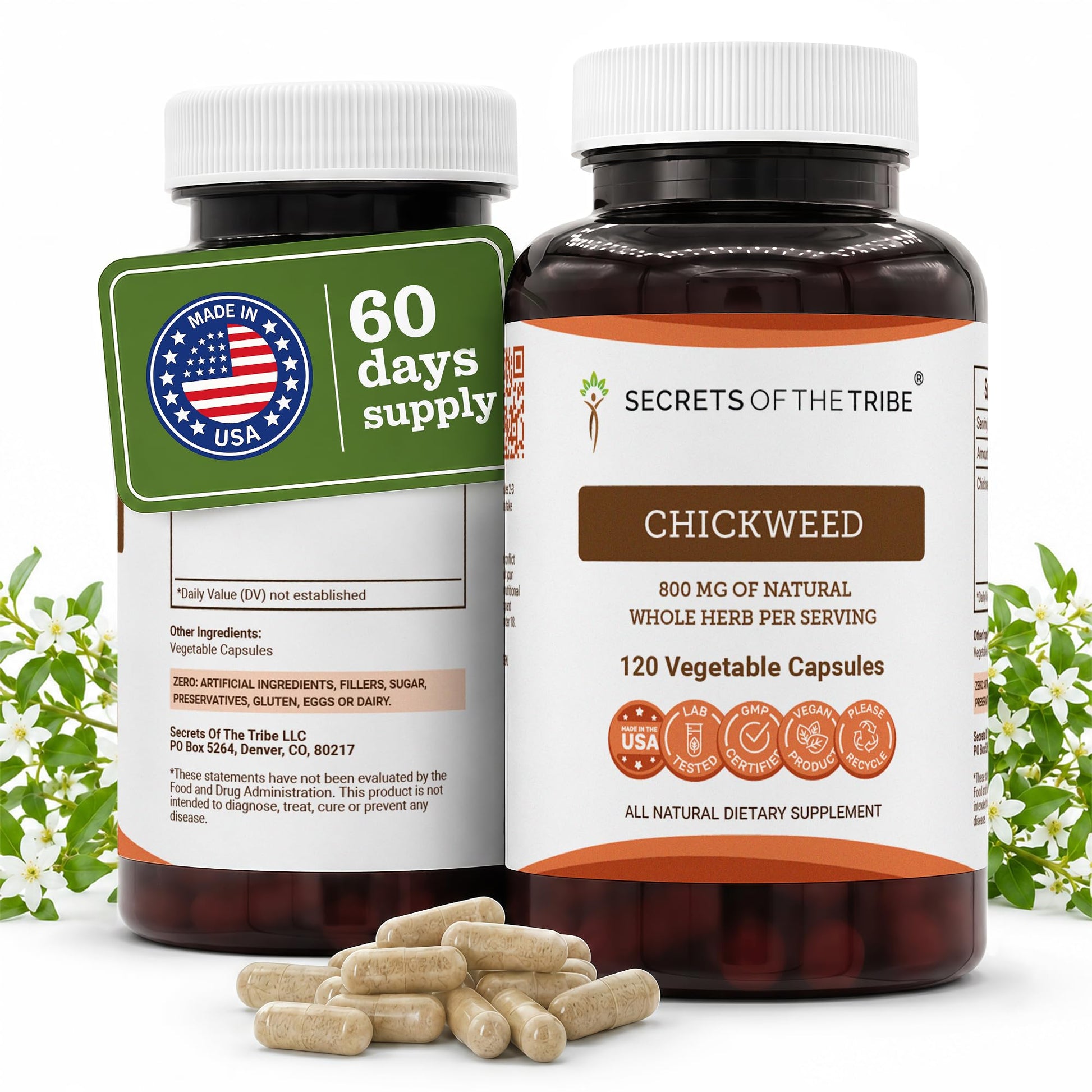 Secrets of the Tribe Chickweed 800 mg Vegetable Capsules, 120 Count