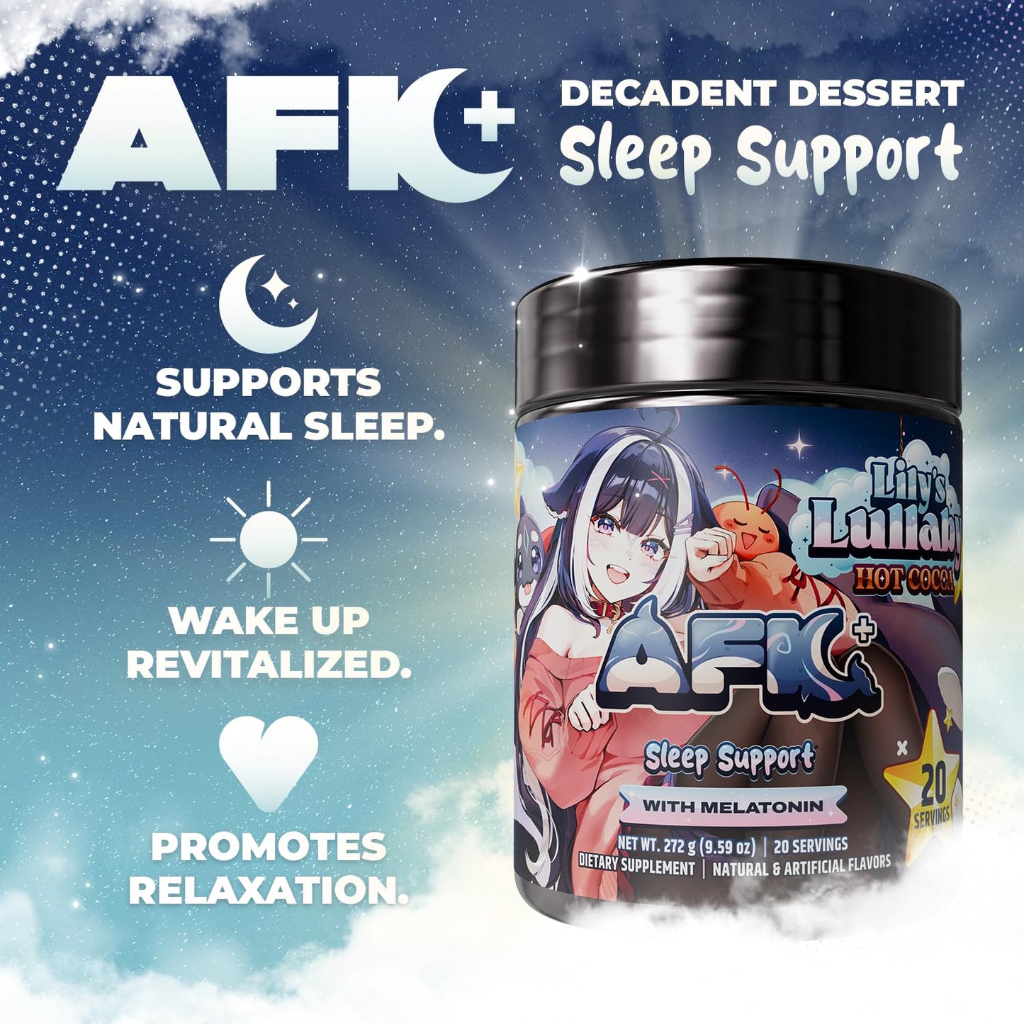 Gamer Supps AFK+ with Melatonin: Lily's Lullaby Hot Cocoa by Shylily Powder 9.59 Ounce