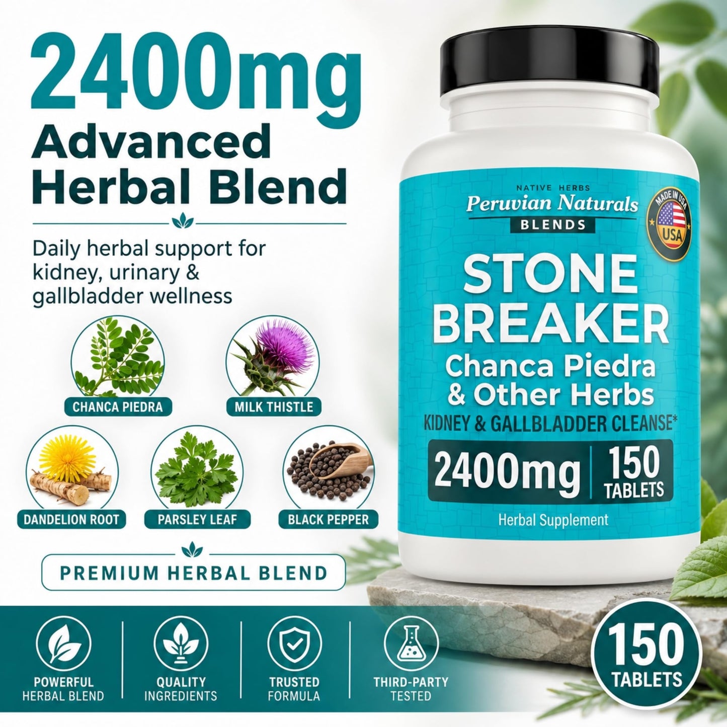 Peruvian Naturals Chanca Piedra Stone Breaker Kidney Supplement 2400mg per Serving Tablet 150