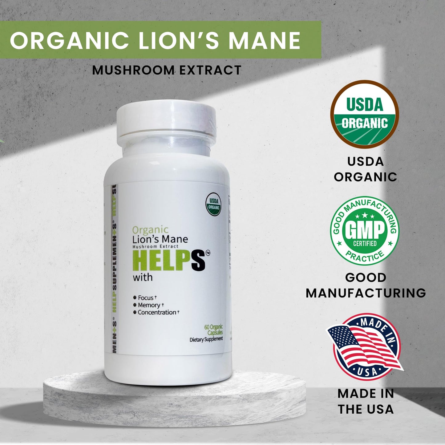 Help Supplements Organic Lion's Mane Mushroom Capsules, 1000mg Lion's Mane Powder Extract, 60 Capsules