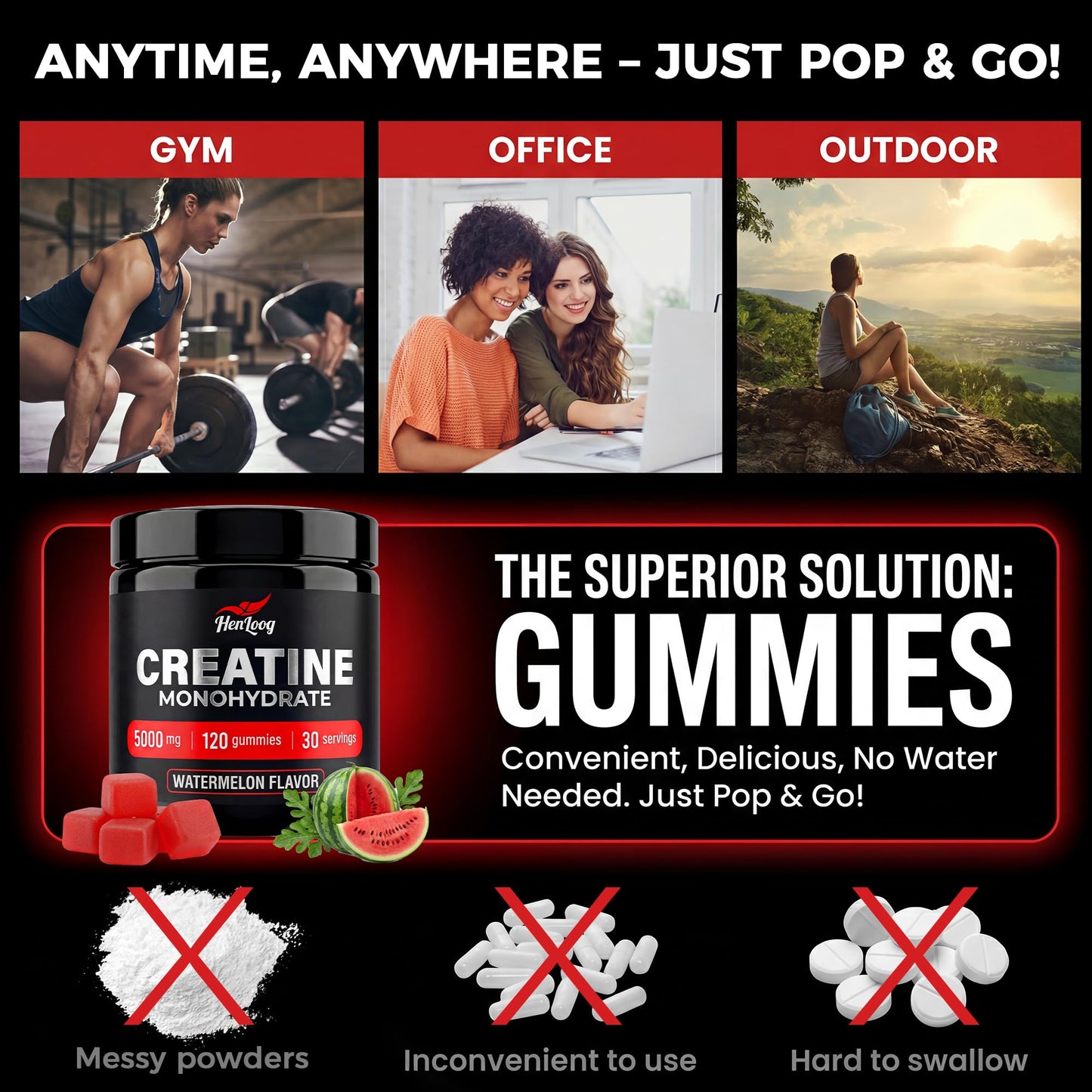 Hen Loog Creatine Gummies Watermelon 5000mg, 120 Gummies