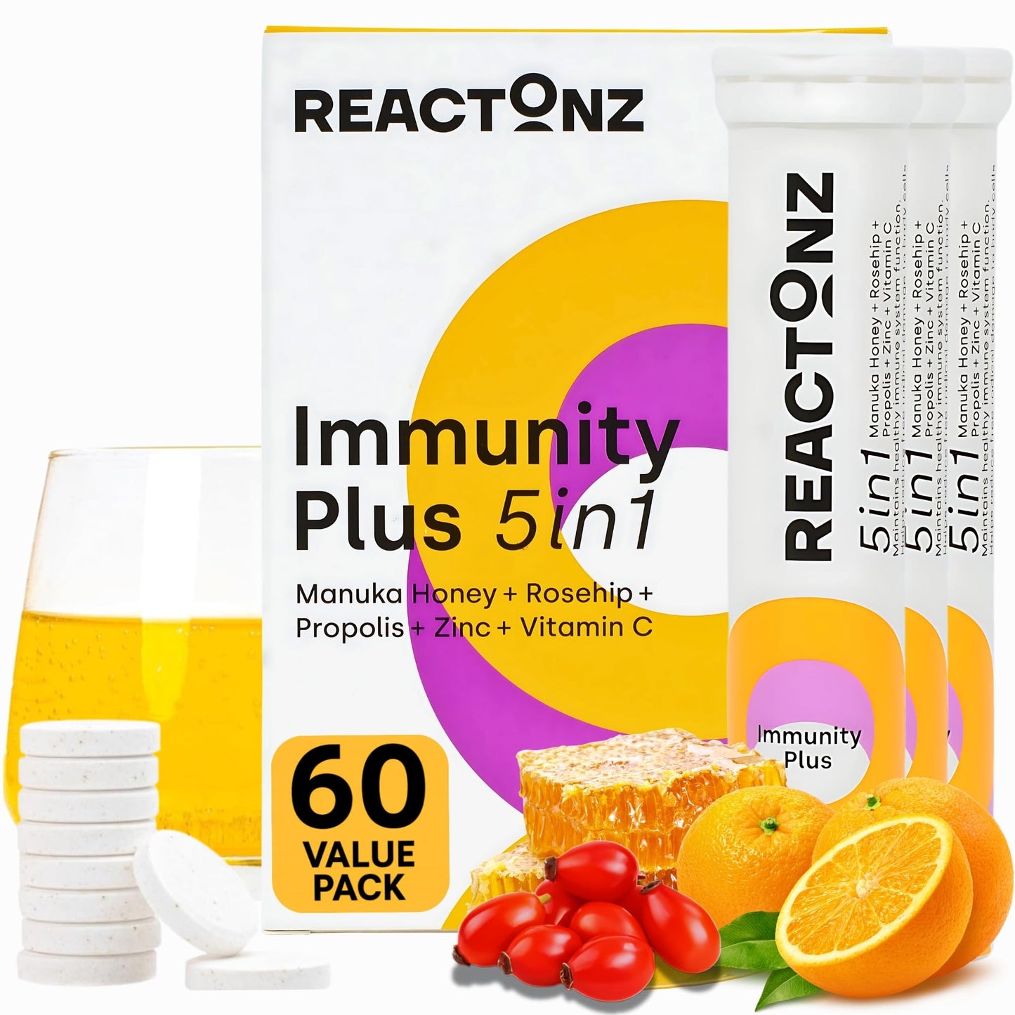 REACTONZ 5 in 1 Immunity Plus – Immune Support & Antioxidant Supplement – Vitamin C, Zinc, Manuka Honey, Rosehip & Propolis – Natural Zesty Orange Flavor – 60 Tablets