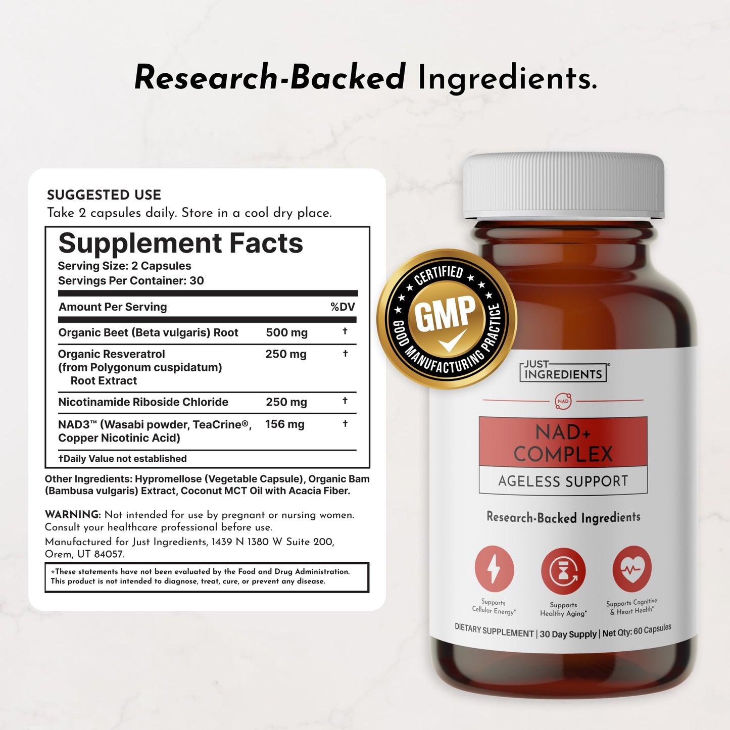 JUST INGREDIENTS NAD+ Supplement 60 Capsules