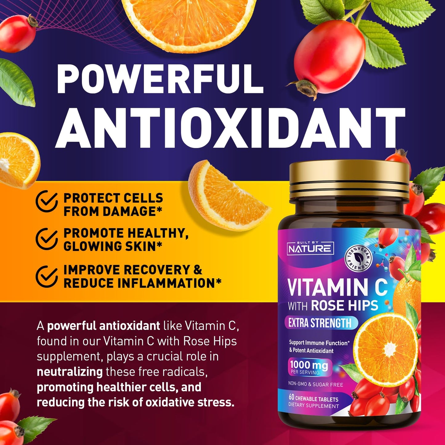 Built by Nature Vitamin C with Rose Hips 1000mg Chewable, 60 Tablets