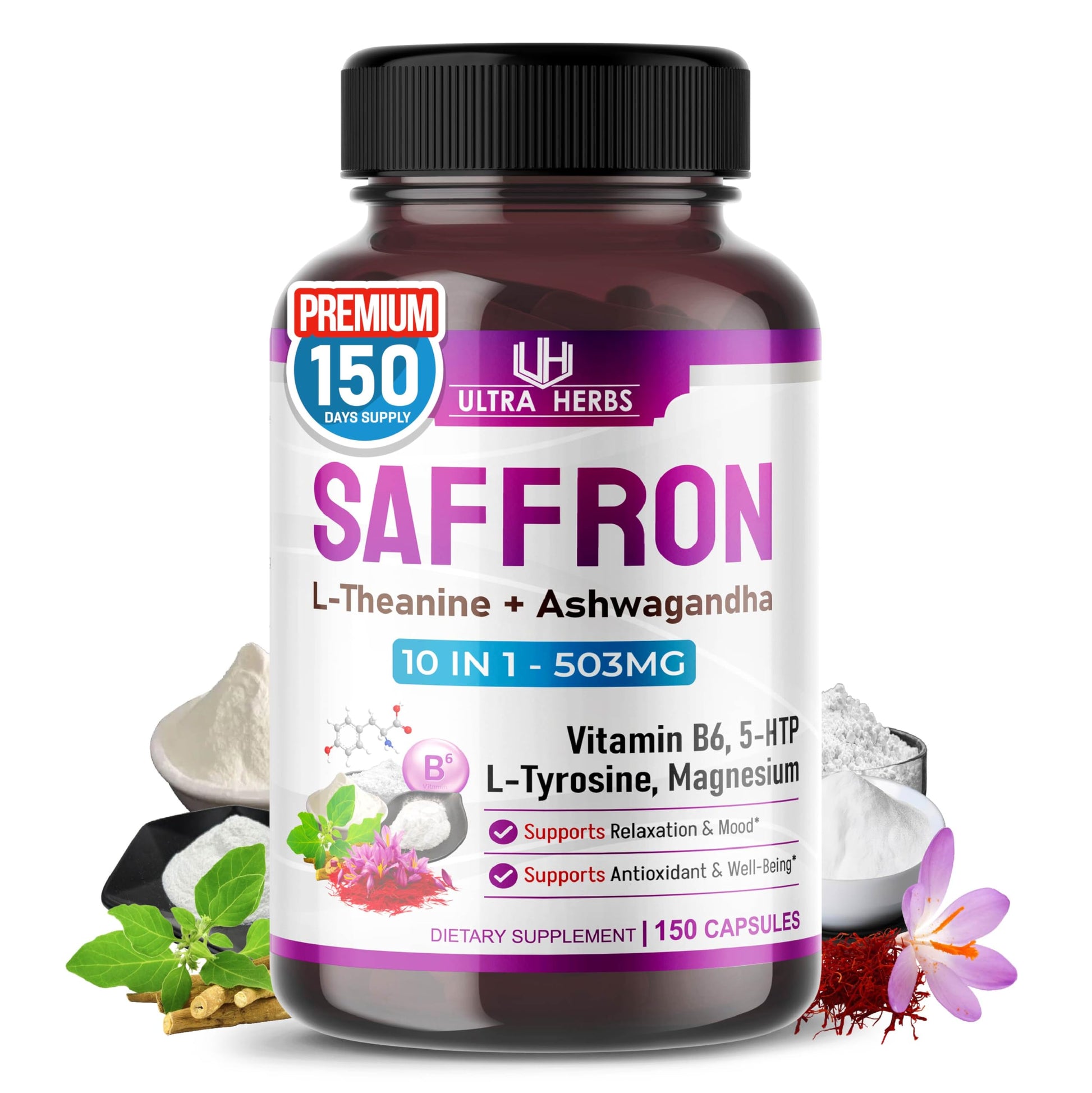 ULTRA HERBS Premium Saffron 10-in-1 – 905 mg with L-Theanine, Ashwagandha, Vitamin B6, 5-HTP, L-Tyrosine & Magnesium – Supports Restful Sleep, Calmness & Well-Being, 150 Capsules