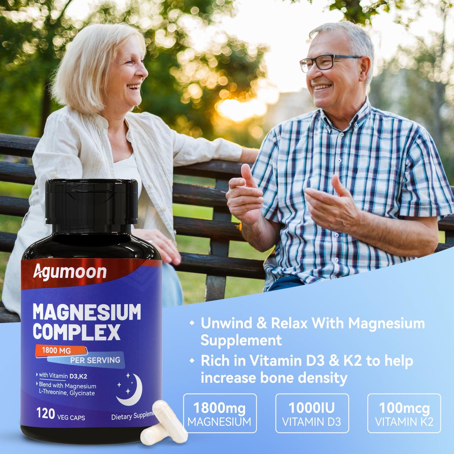 Agumoon Magnesium Supplement with Vitamin D3 & K2, Chelated Magnesium Complex 1800mg, Magnesium L-Threonine & Glycinate, 240 Capsules