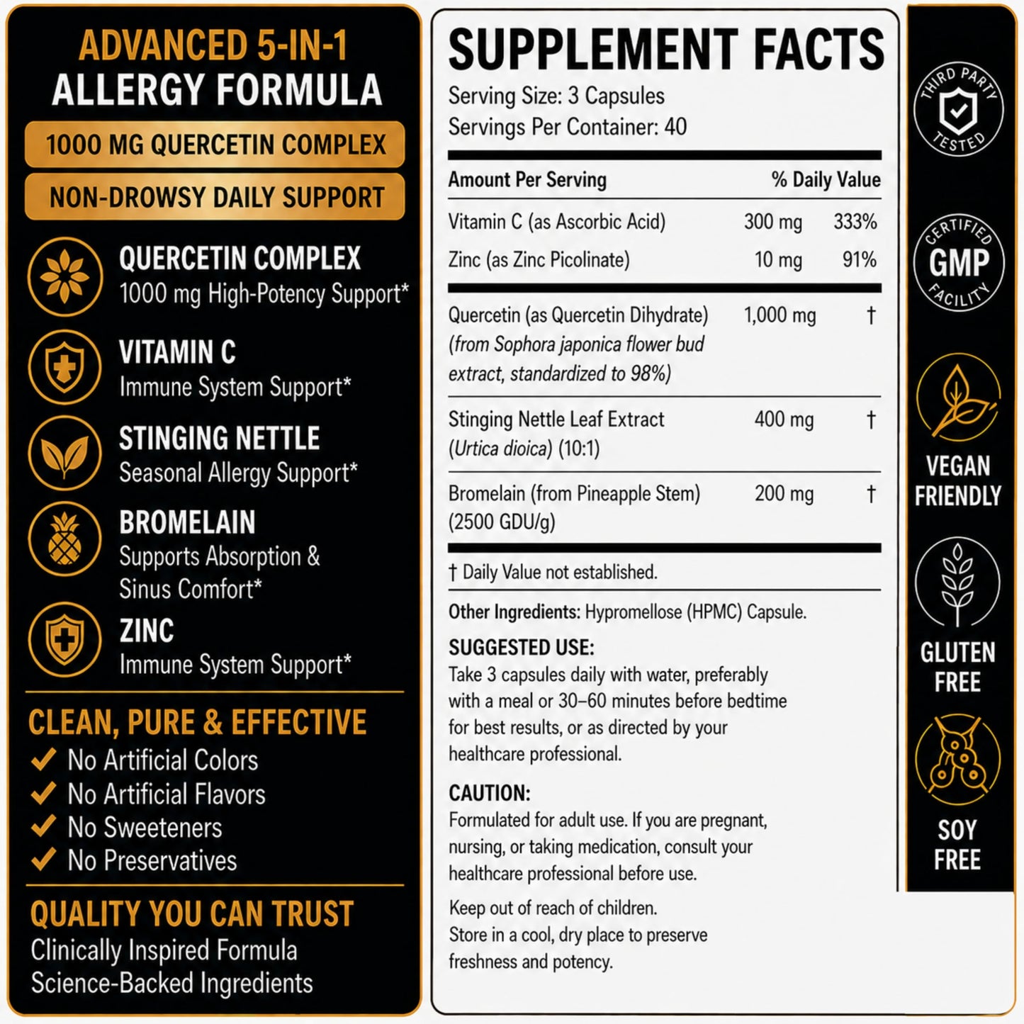 Norlevos Quercetin Complex 1000 mg with Bromelain, Stinging Nettle, Vitamin C & Zinc – Sinus, Immune & Respiratory Support, Non-GMO, Natural Antioxidant, 120 Vegan Capsules