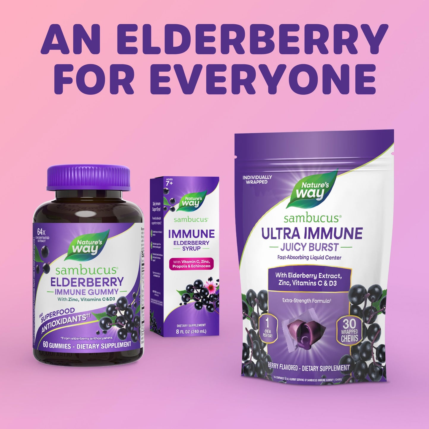 Nature's Way Sambucus Ultra Immune Juicy Burst Extra-Strength Formula Immune Support, Vitamin D3, Vitamin C and Zinc, Elderberry Extract Gummies 30